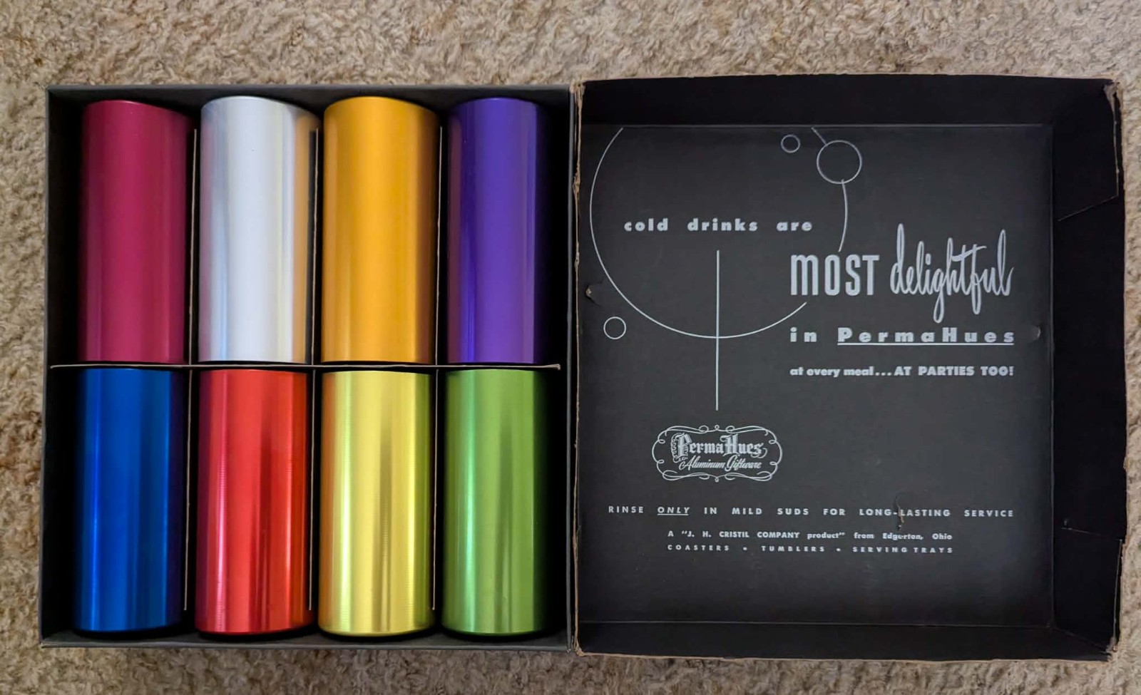Vintage Retro PERMA HUES Edgerton Ohio Anodized Aluminum 8 pc Tumbler Set w/ Box