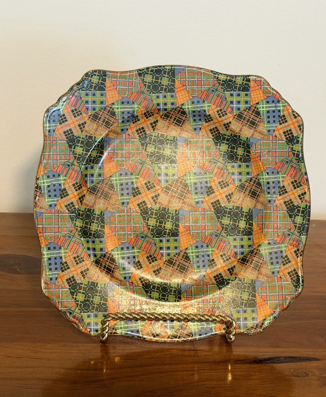 Rare Vintage Royal Winton Grimwades Tartans Chintz Square Plate Dish 20.5cm