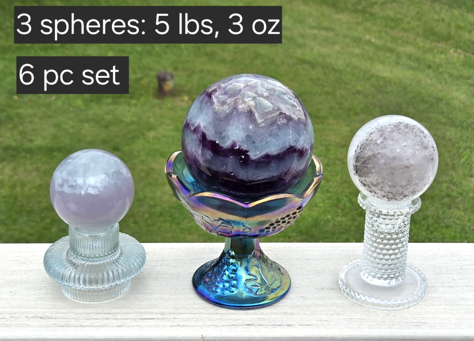 2353g [5 lb 3 oz] 6pc Fluorite Crystal Sphere Bundle, Vintage Glass Stands. USA