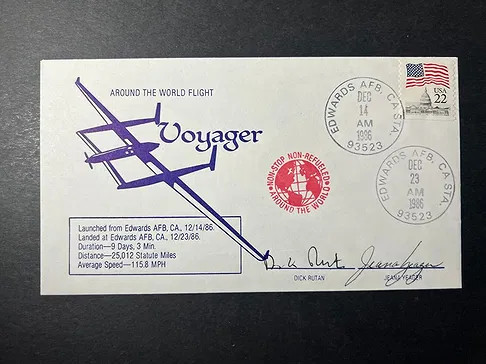 Dick Rutan Jeana Yeager Signed 1986 Voyager World Flight Cover Edwards AFB Auto