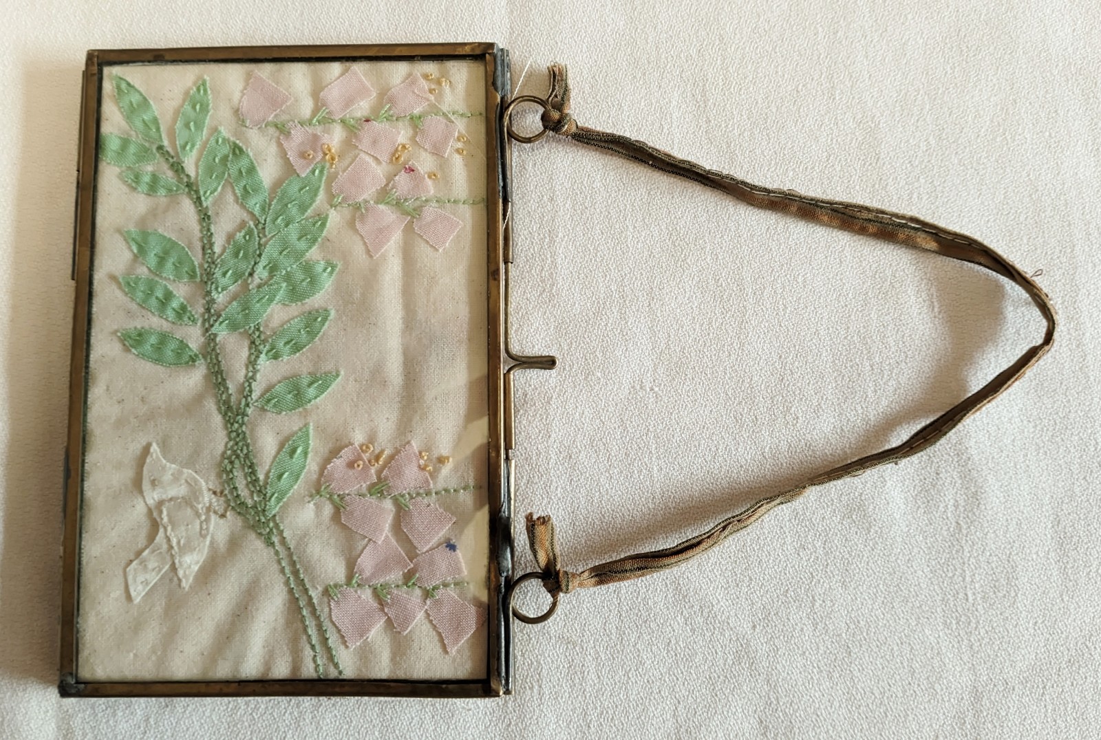 Vintage Brass Folk Art Floating Frame Handmade Embroidery Watercolor Isaiah Text