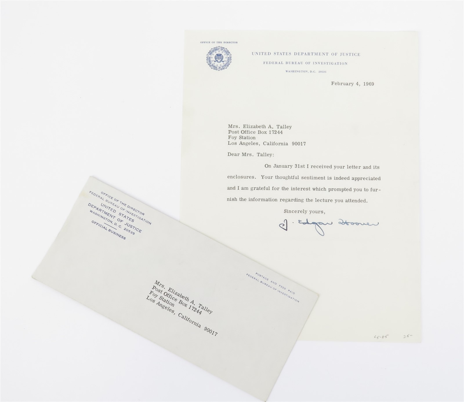 J. Edgar Hoover SIGNED Letter FBI Watermarked Paper w. Envelope February 4, 1969