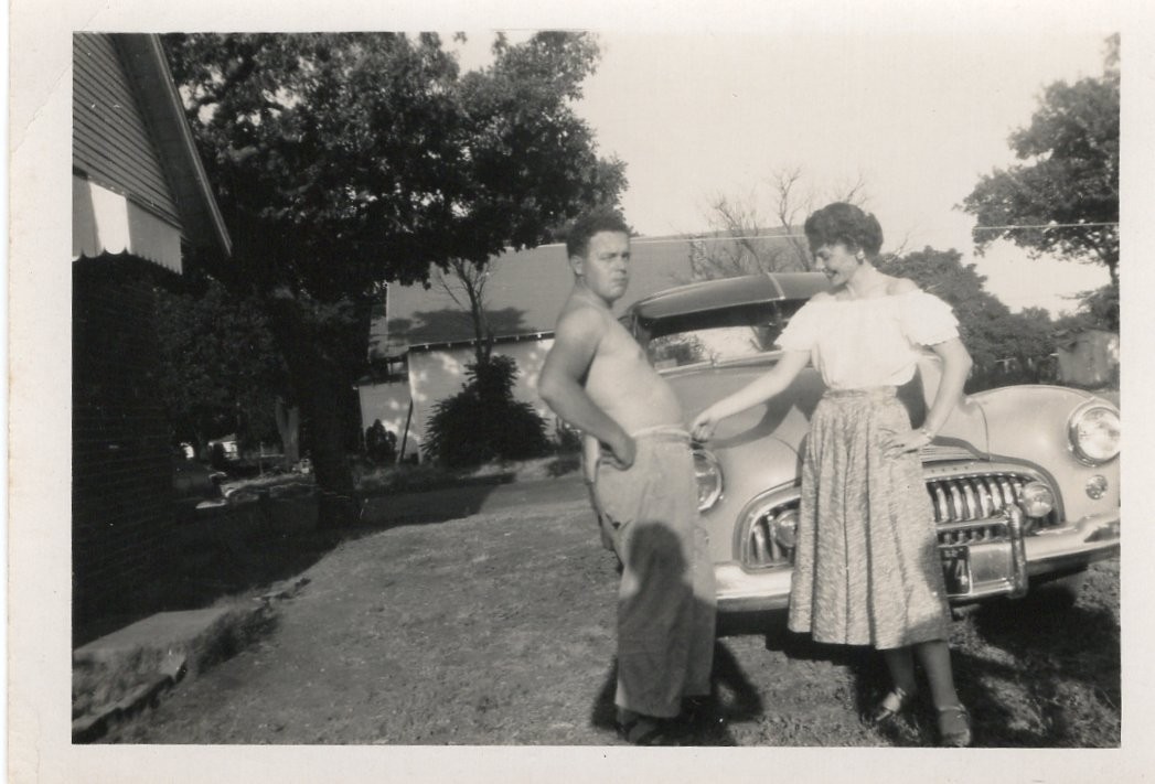 Beautiful Woman Flirting Shirtless Man Buick Special Classic Car Photo Snap Vtg