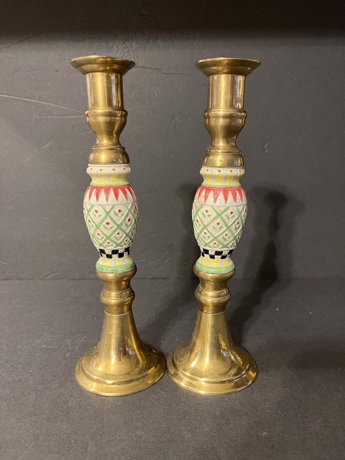 Vintage Pair Brass And Porcelain Candlesticks Candle Holders