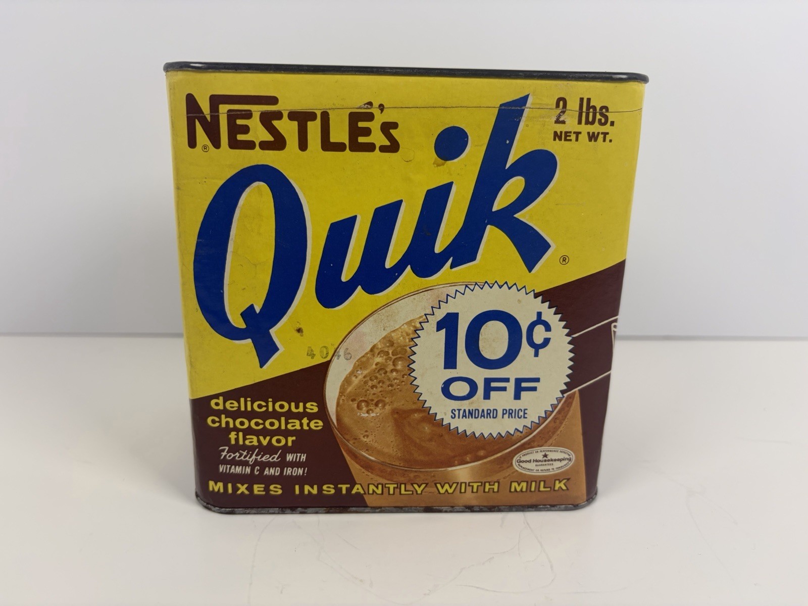 Vintage 1960s Nestle's Quik 2 lb Tin Can 10 Cent Off Chocolate Milk Advertising