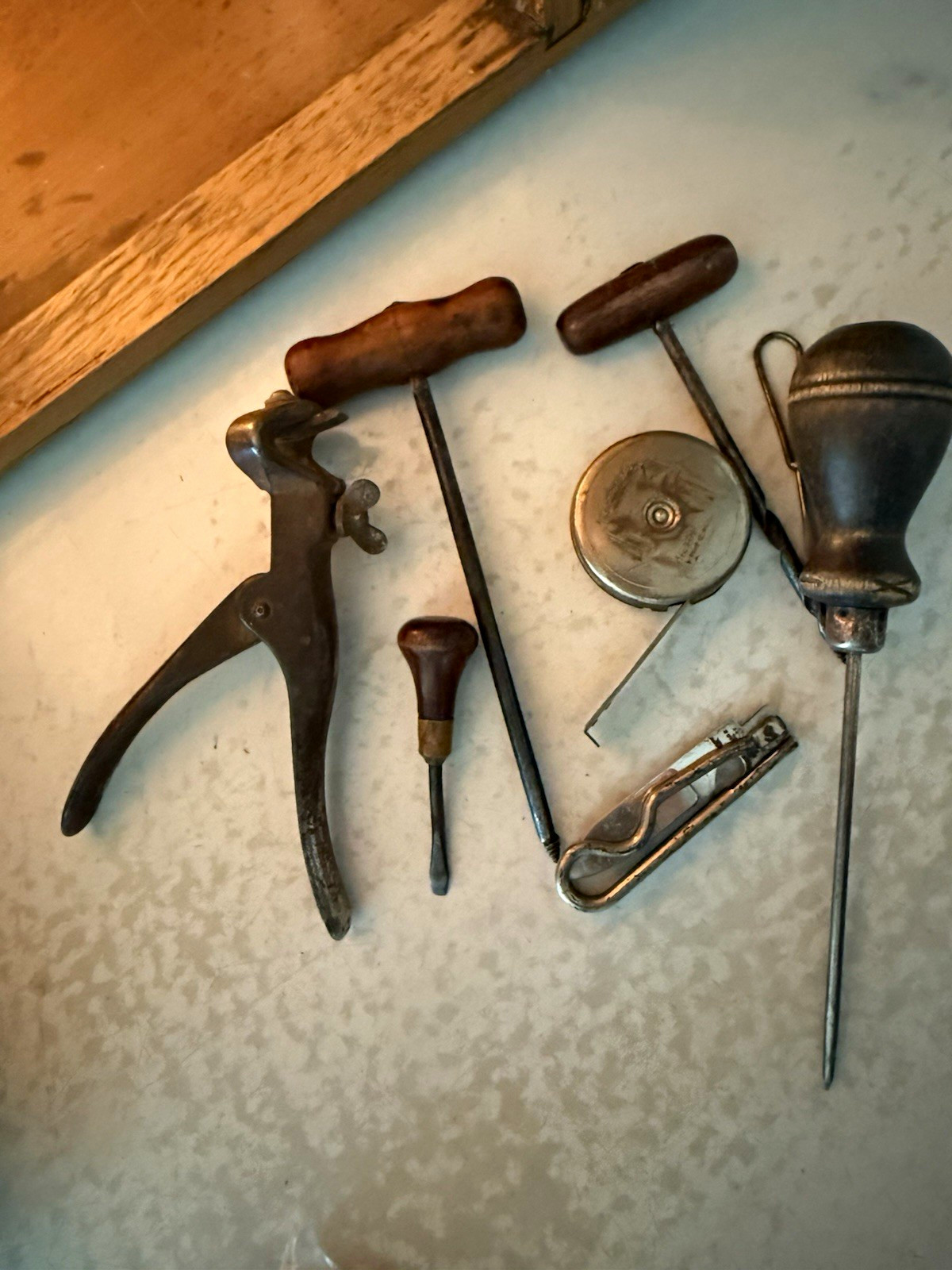 Lufkin Vintage Tape Measure w/ Metal Tin & Assorted Antique Hand Tools Lot