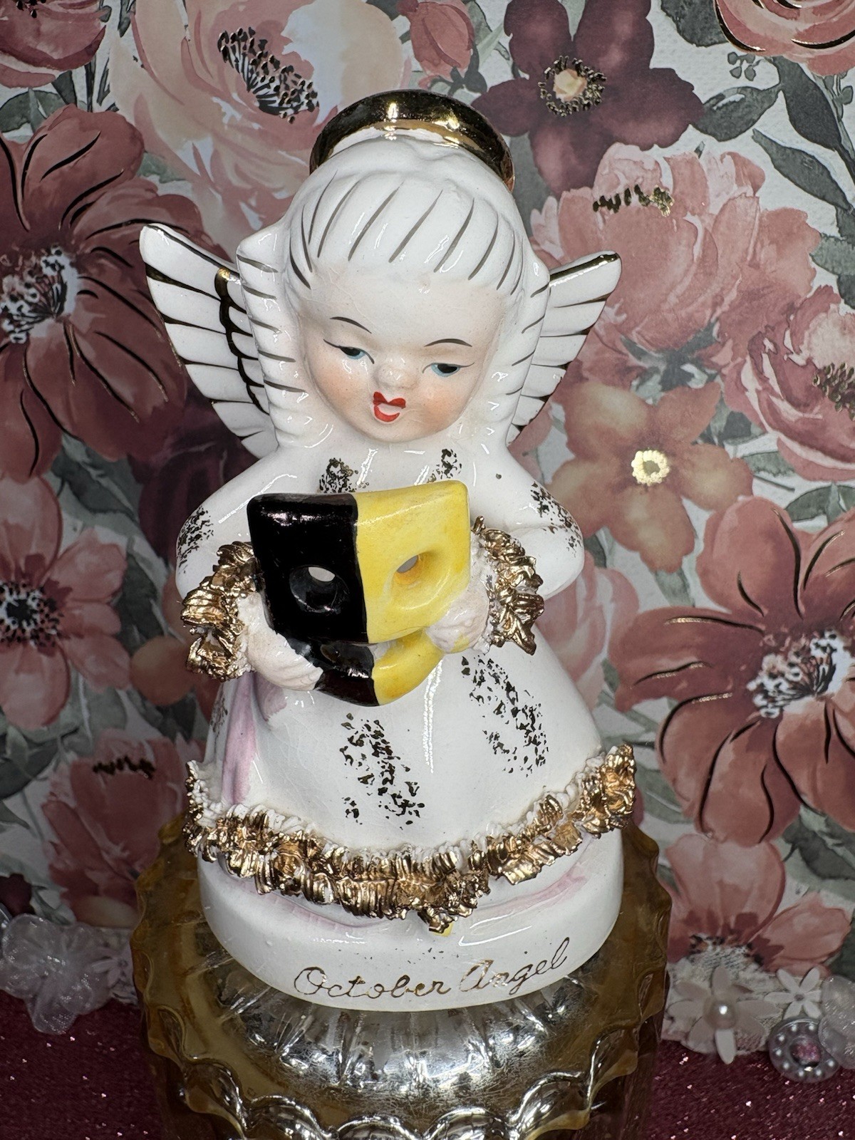 Vtg October Angel Girl Holding A Yellow & Black Halloween Mask Figurine Japan