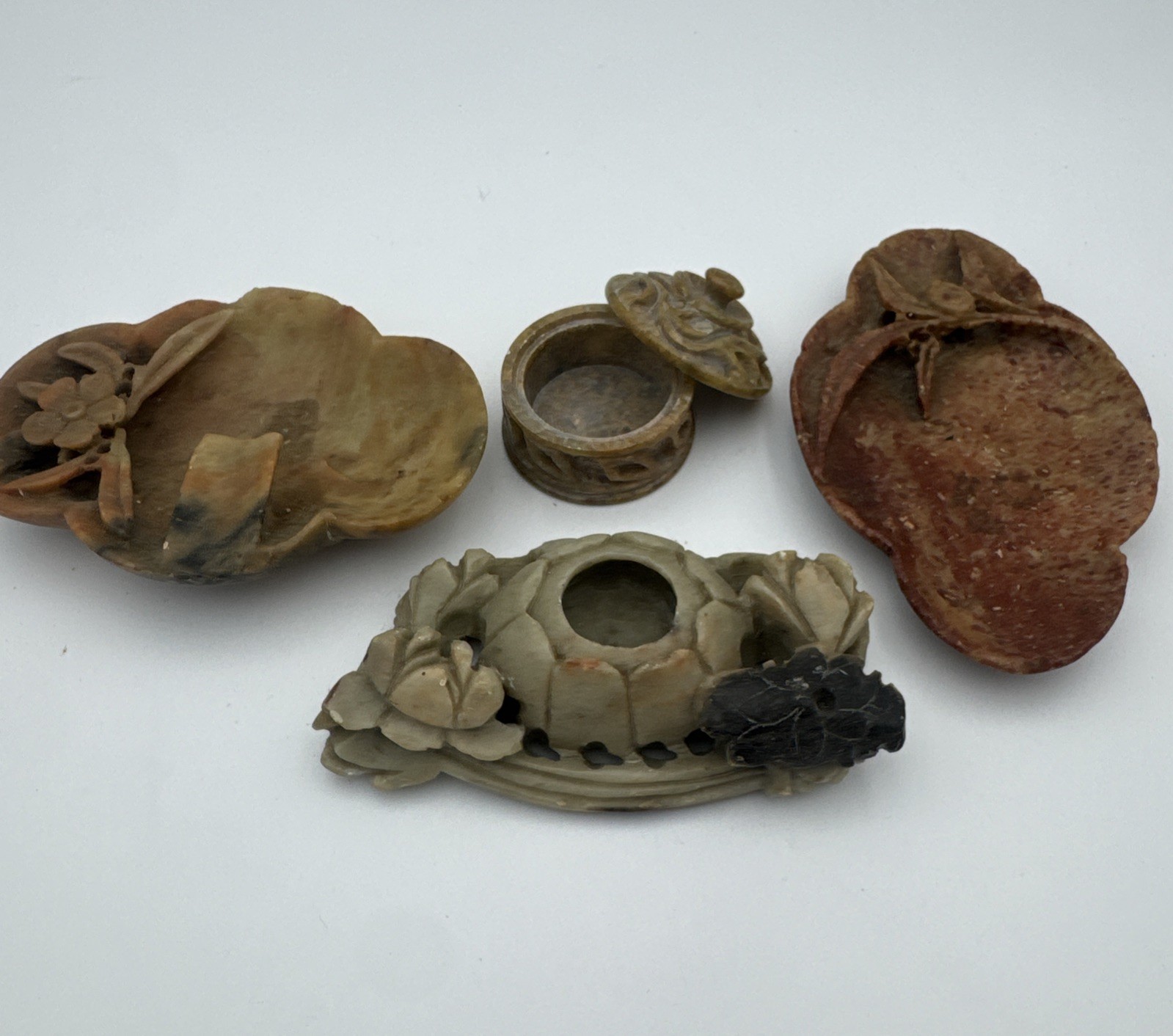 Lot of Four (4) Small Vintage Soapstone Motifs - Trinket Box Ashtray Inkwell
