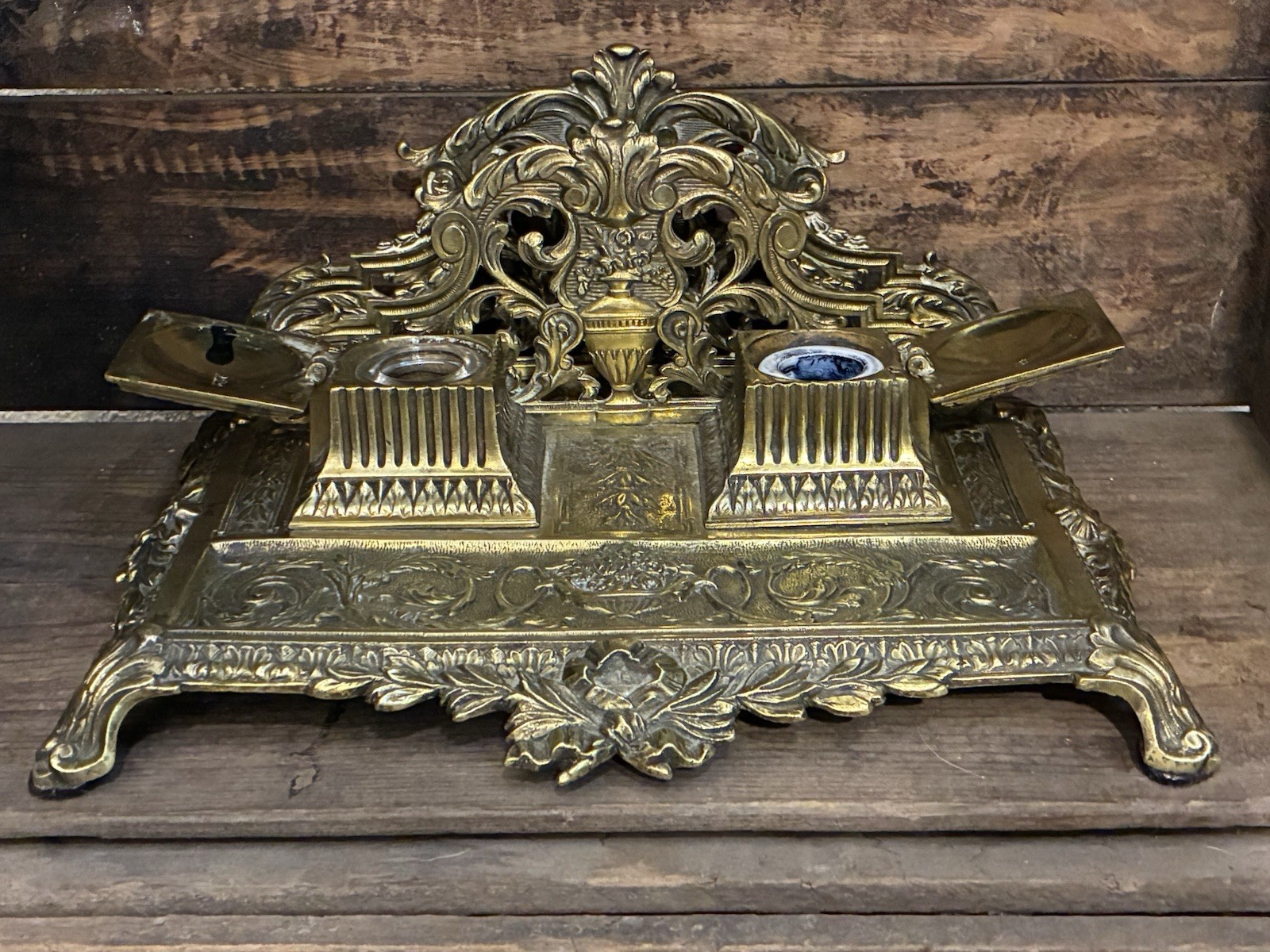 Antique French Brass Double Inkwell Desk Set Victorian Rococo D.L. Déposé No. 28