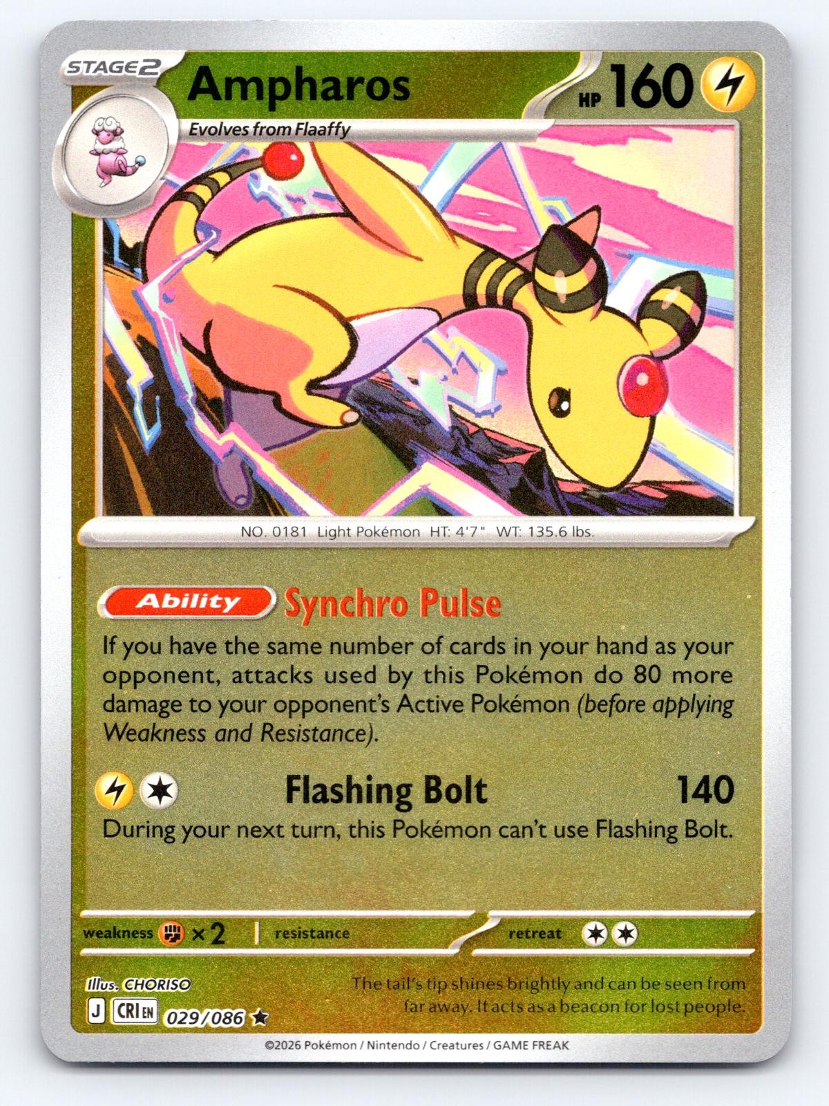 Ampharos 029/086 Rare Chaos Rising Pokemon Reverse Holo Lightly Played
