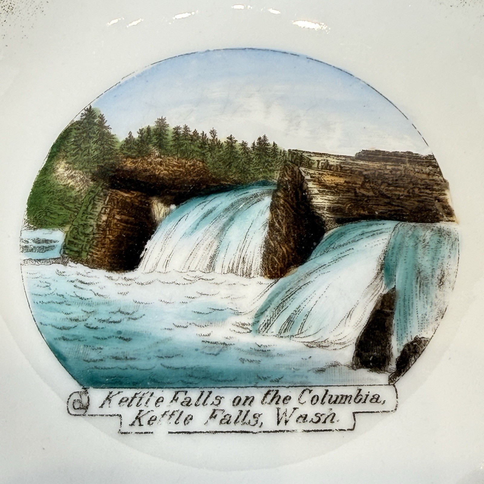 KETTLE FALLS WA WASHINGTON Antique Souvenir PAINTED GOLD TRINKET DISH BOWL