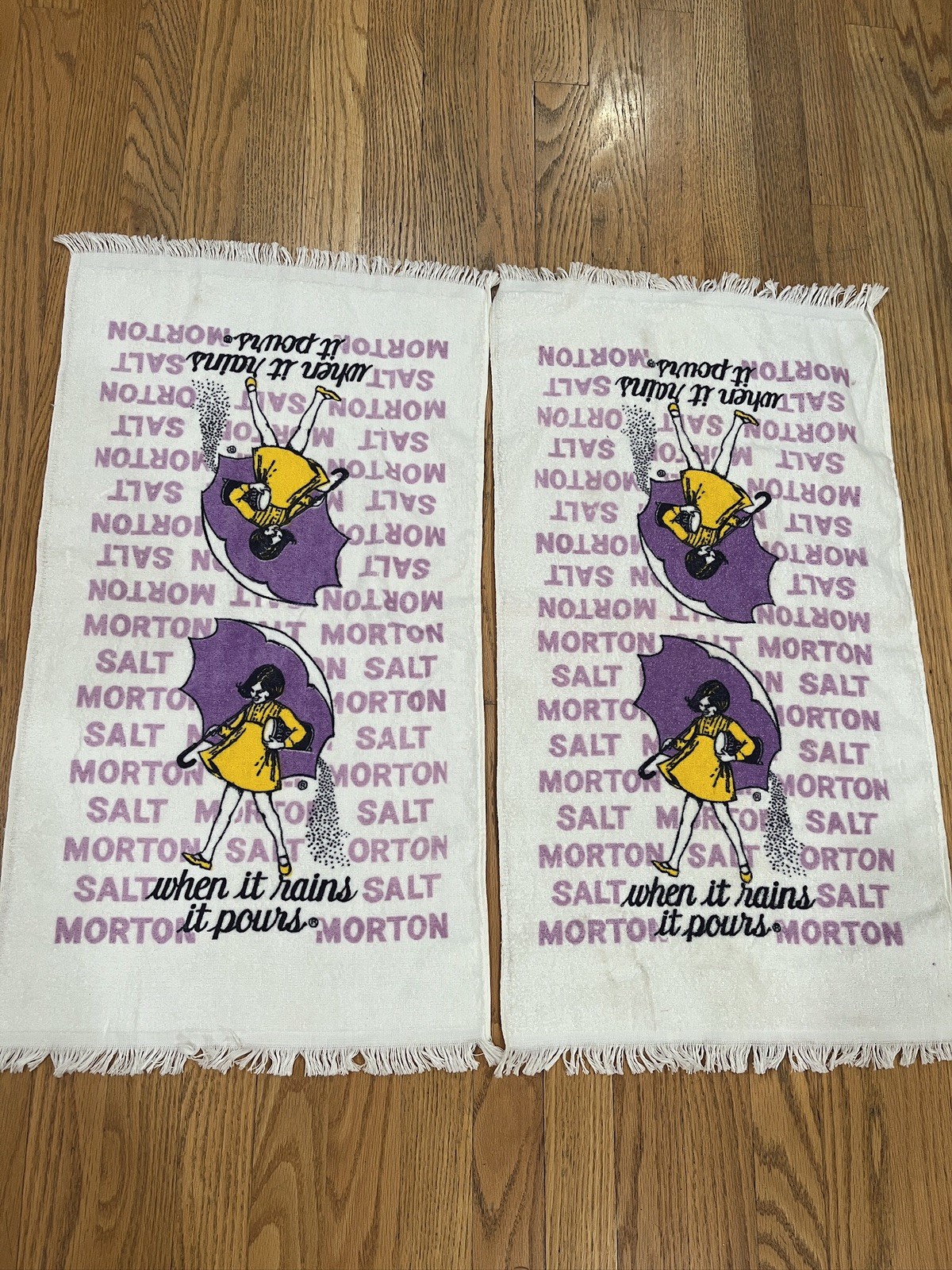 Set Of 2 Vtg 1970s Morton Salt Kitchen Hand Towels Advertising All Cotton