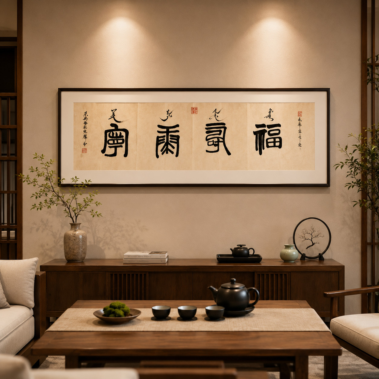 Original Chinese Calligraphy Fu Shou Kang Ning Wall Art Horizontal Asian Decor