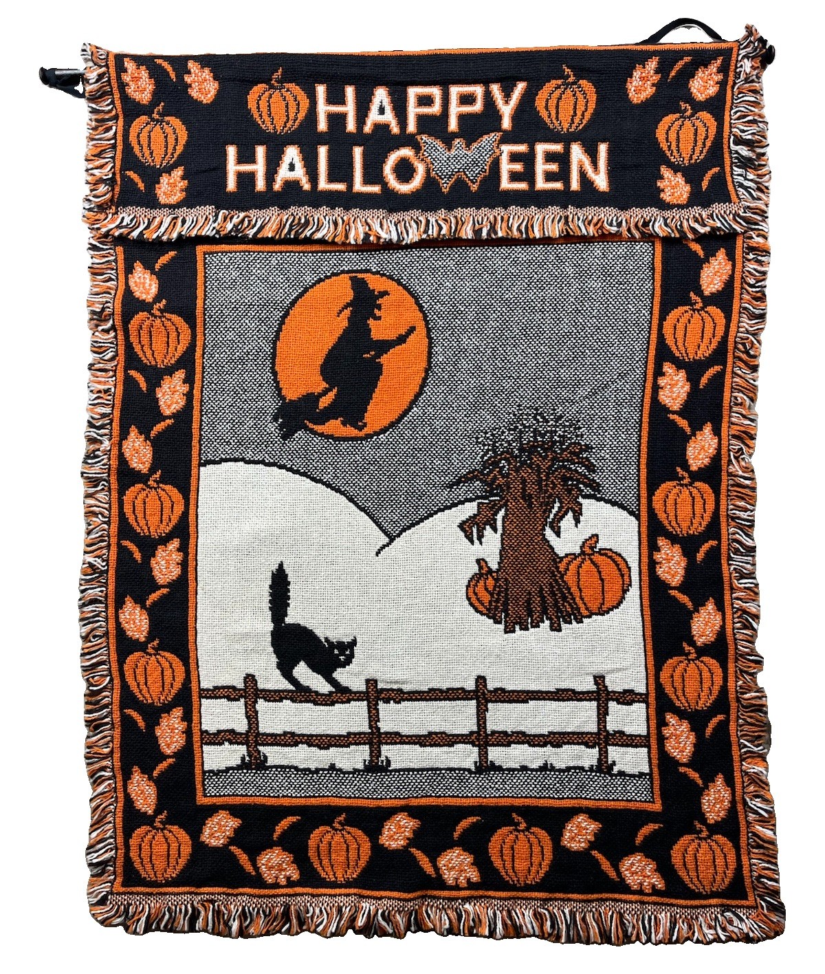 Vtg 90s HAPPY HALLOWEEN Tapestry Woven MWW Wall Hanging WITCH Moon Cat 1991 Rare