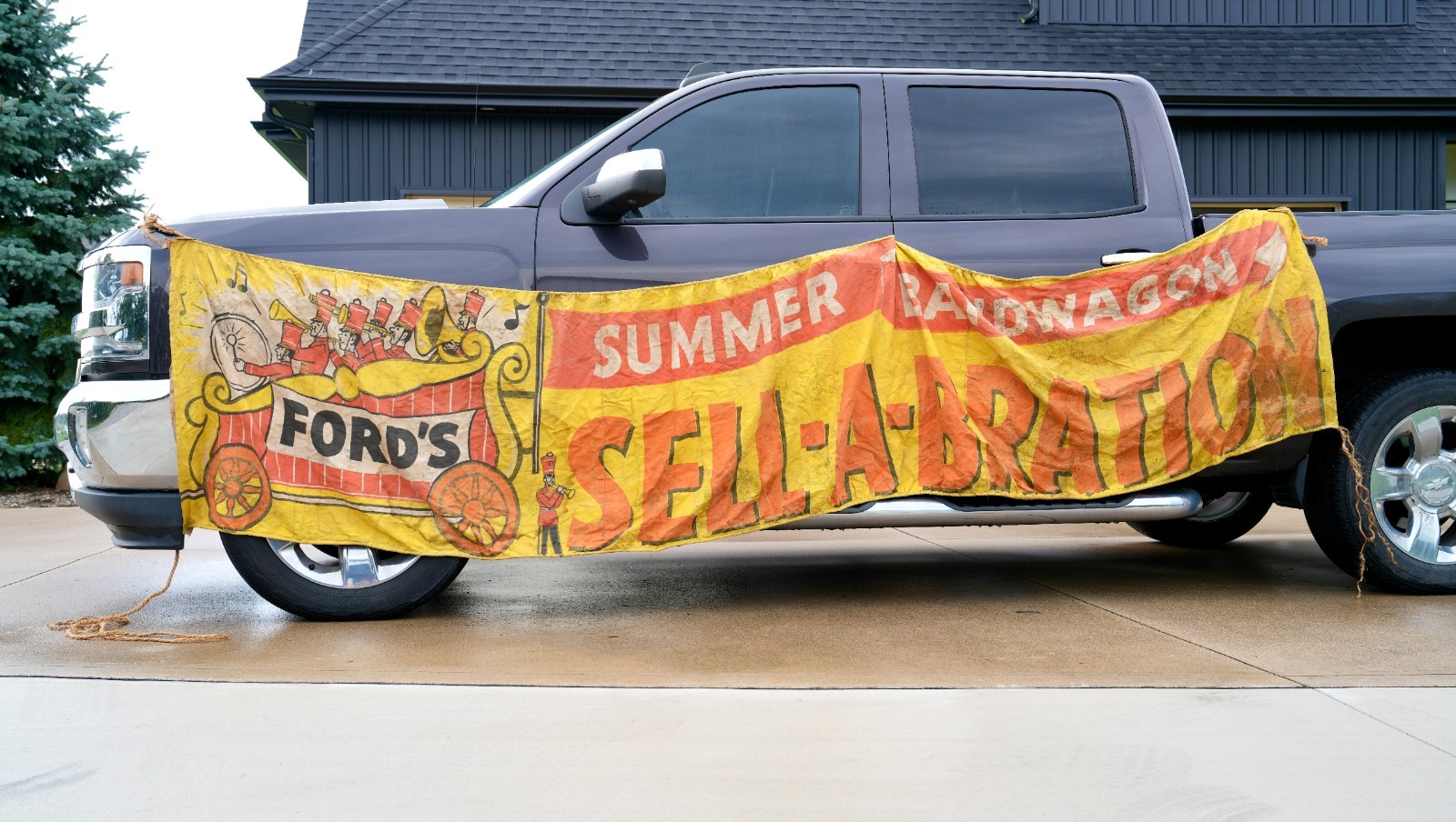 Vintage 1950s Ford Car Truck Dealer Parade Circus Banner Sign Canvas Band Wagon