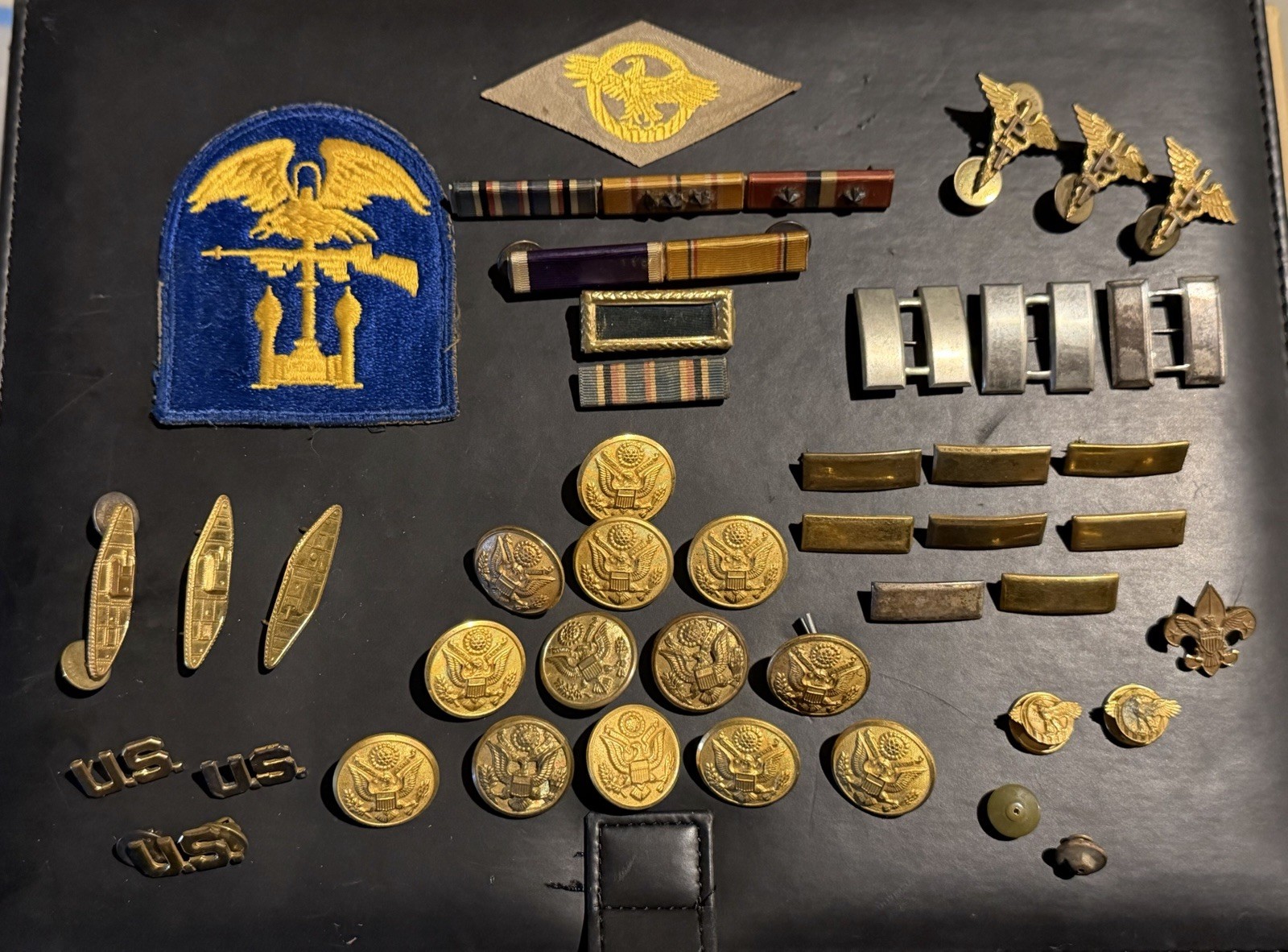 WWII US Army Officer Estate Grouping - Sterling Captain, Rare PT Med, Buttons