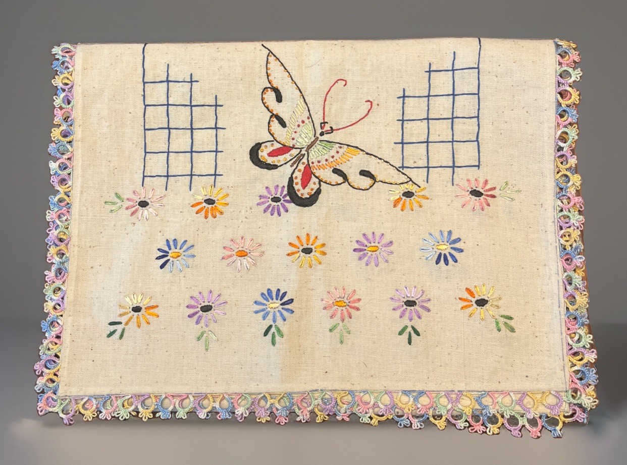 VTG Hand Embroidered Table Runner  Dresser Scarf Flax Linen Butterflies 17x52