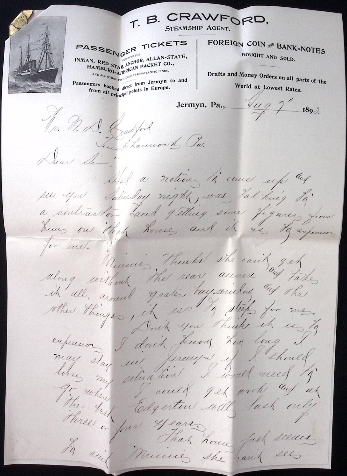 1893 T.B. Crawford Steamship Agent Red Star Line Jermyn PA Letterhead
