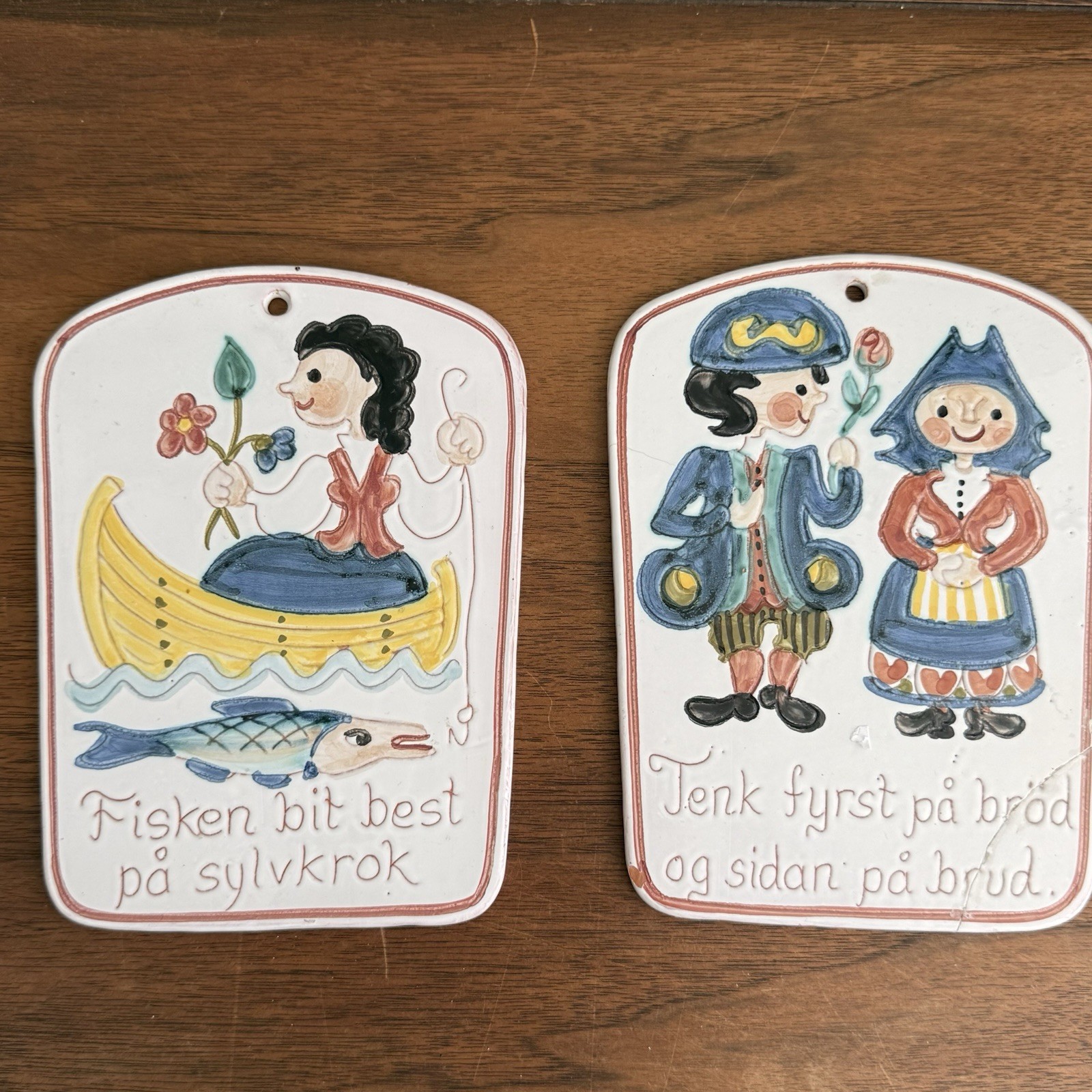 Pair 2 Vintage Norwegian Ceramic Wall Plaques Folk Art Proverbs Fish Bride