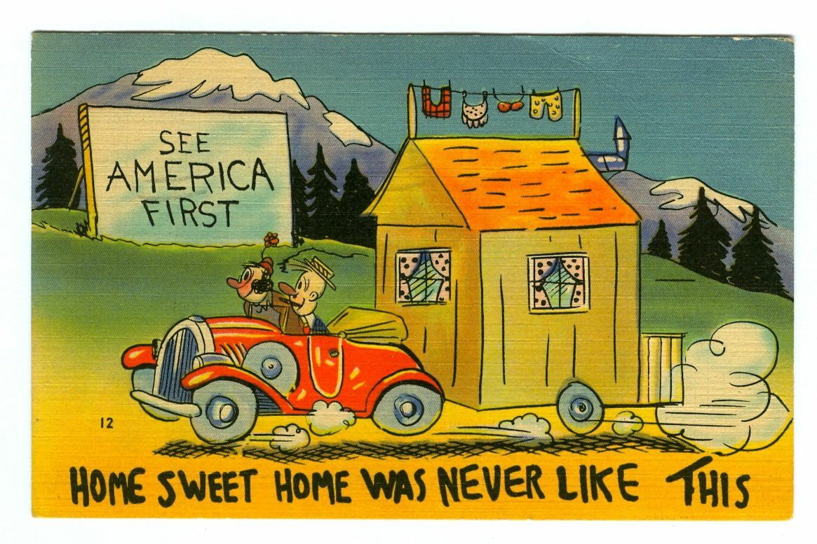 Vintage SEE AMERICA FIRST Home Sweet Home COMIC Linen Postcard Colourpicture