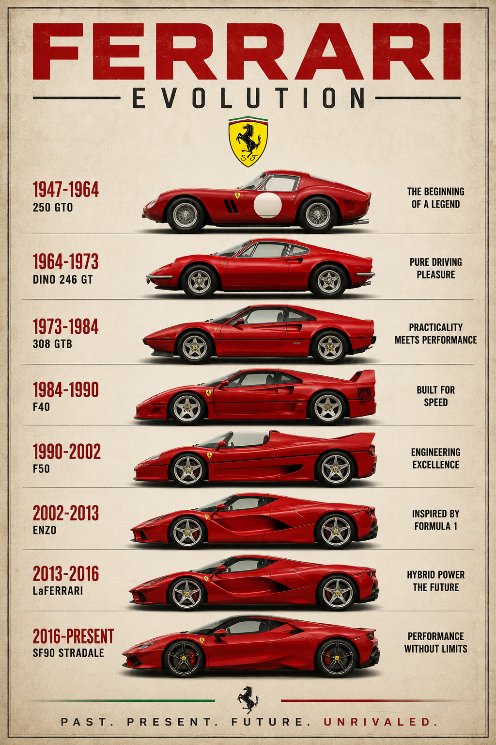 Ferrari Evolution Poster 1947–Present Supercar Timeline Print Poster 13x19