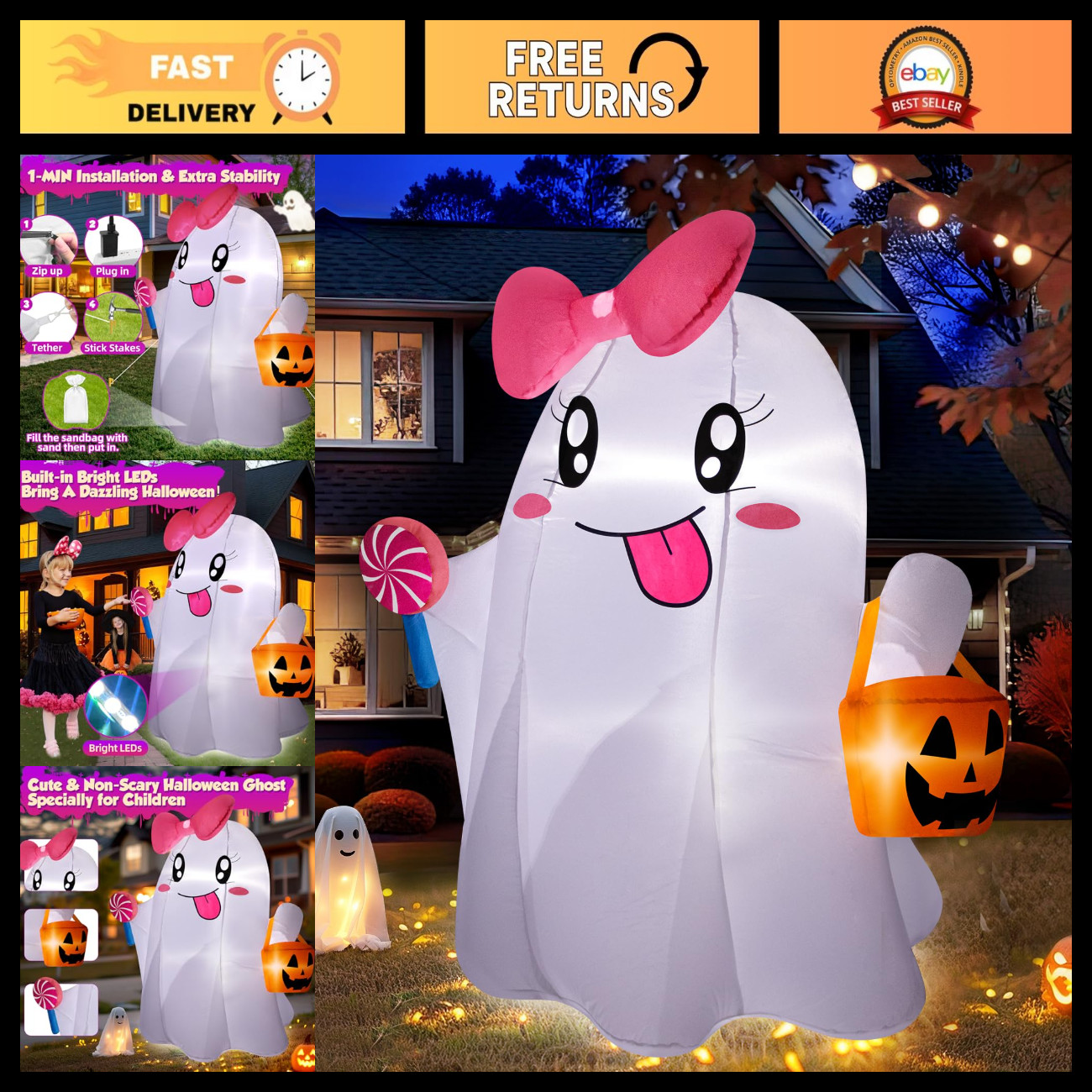 5FT Halloween Inflatable Ghost with LED Lights - Cute Outdoor Yard Decoration, B