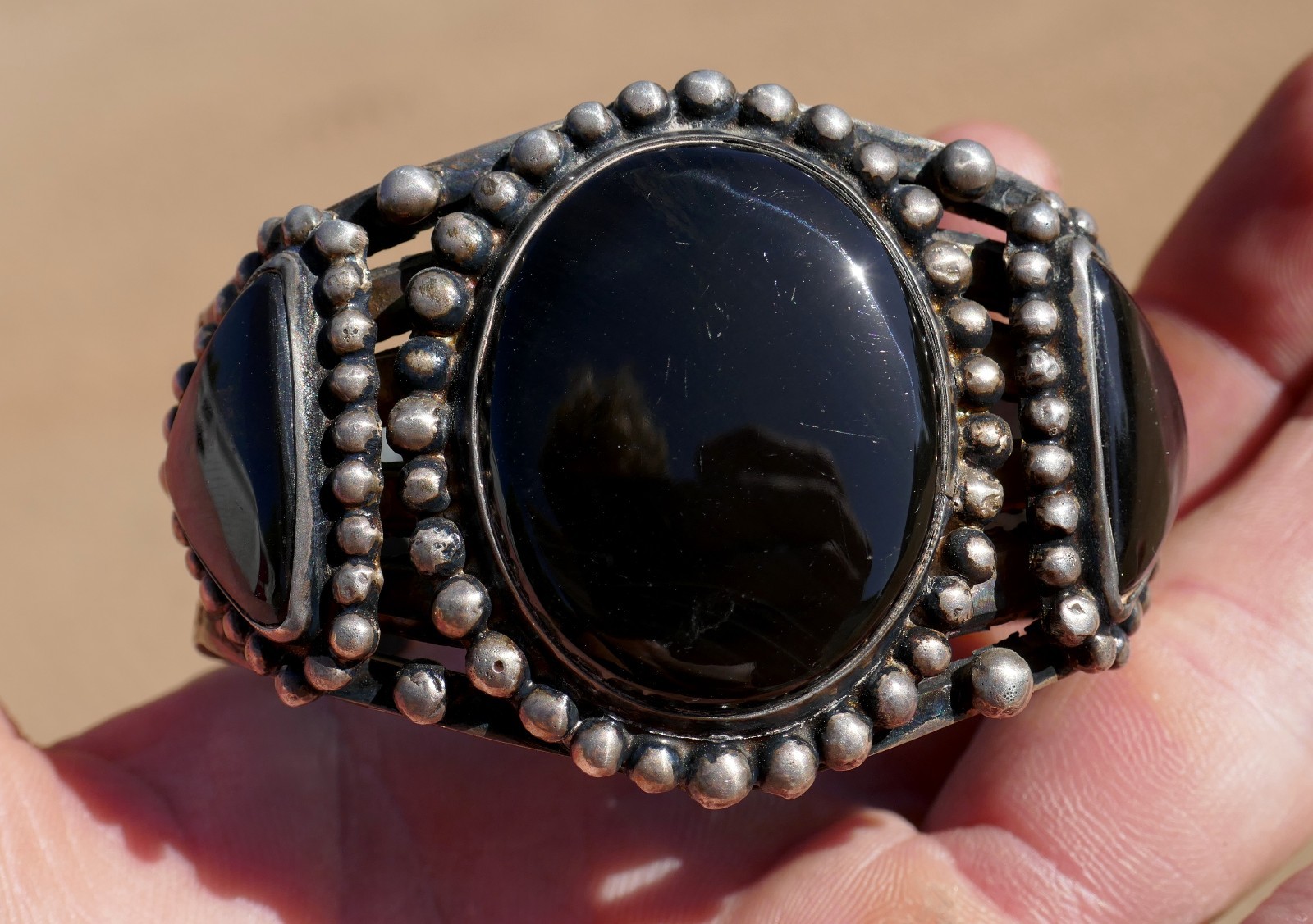 Big Old Navajo Dine Silver & Onyx Stamped Snake Arrow & Water Drop Cuff Bracelet