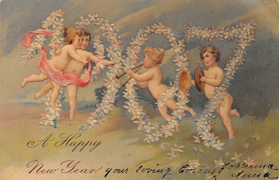 HAPPY NEW YEAR CHERUBS DANCING THROUGH FLORAL 1907 NUMBERS