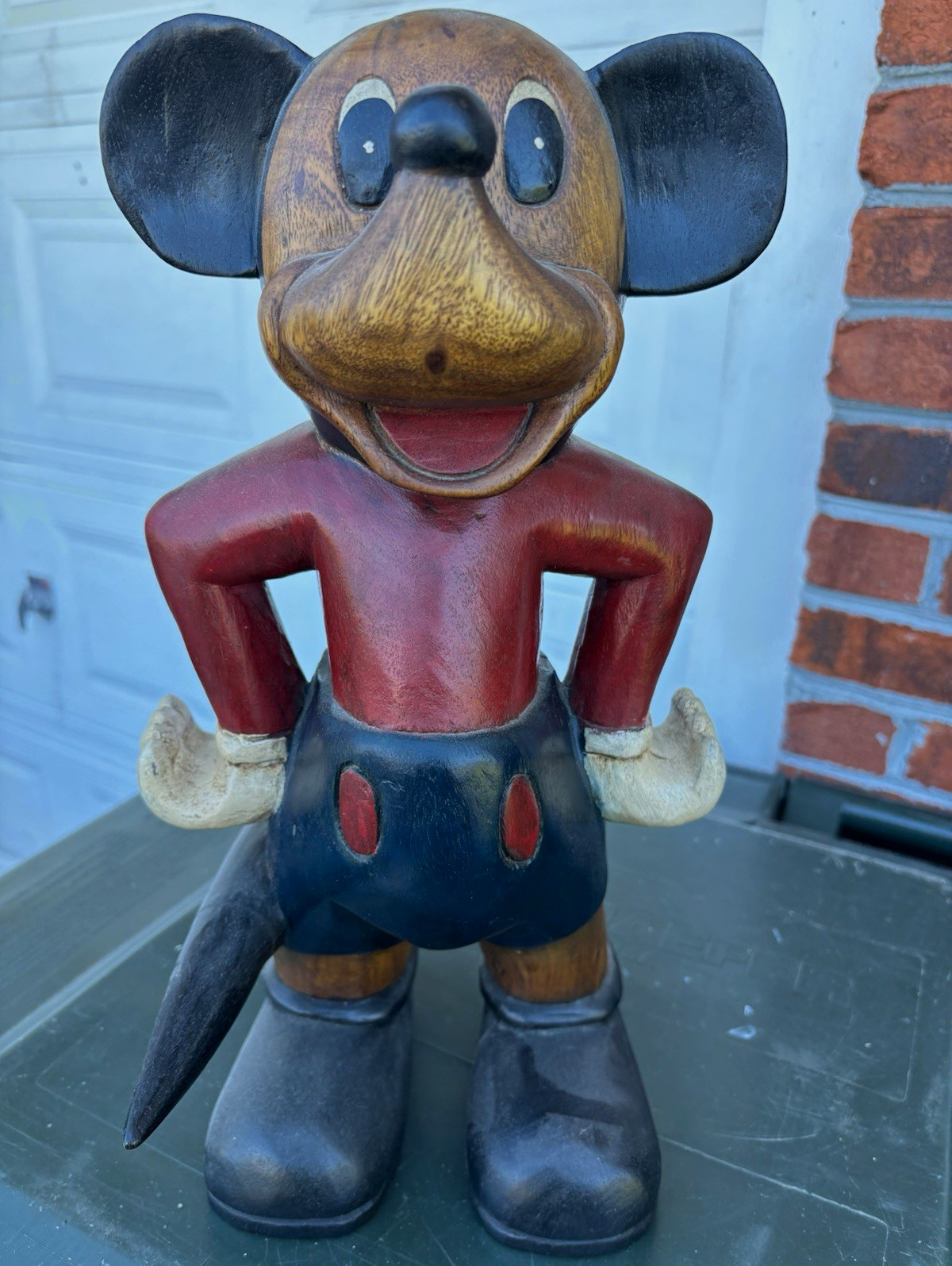 Disney Mickey Mouse Carved Wood Look Figurine Statue Red Shirt Black Shorts