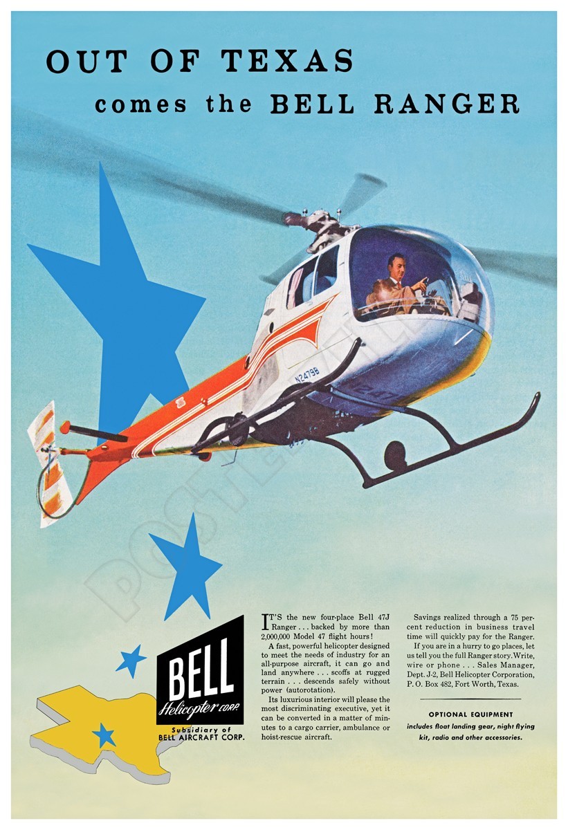 Bell Ranger Helicopter 1957 Cool Vintage-Style Poster