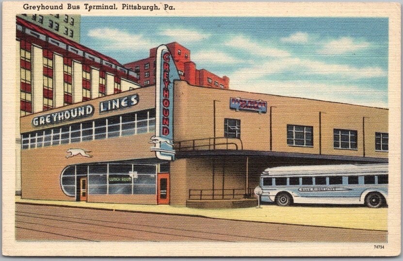 c1940s PITTSBURGH, Pennsylvania LINEN Postcard GREYHOUND BUS TERMINAL Art Deco