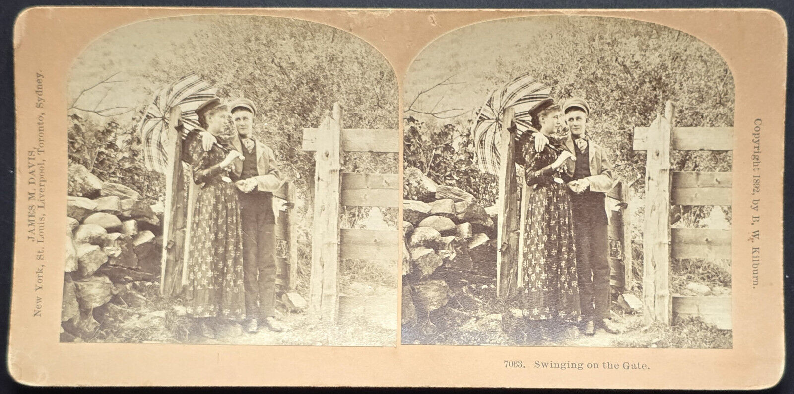 1892 B.W. Kilburn Stereoview - Swinging on the Gate - Littleton NH Vintage Photo
