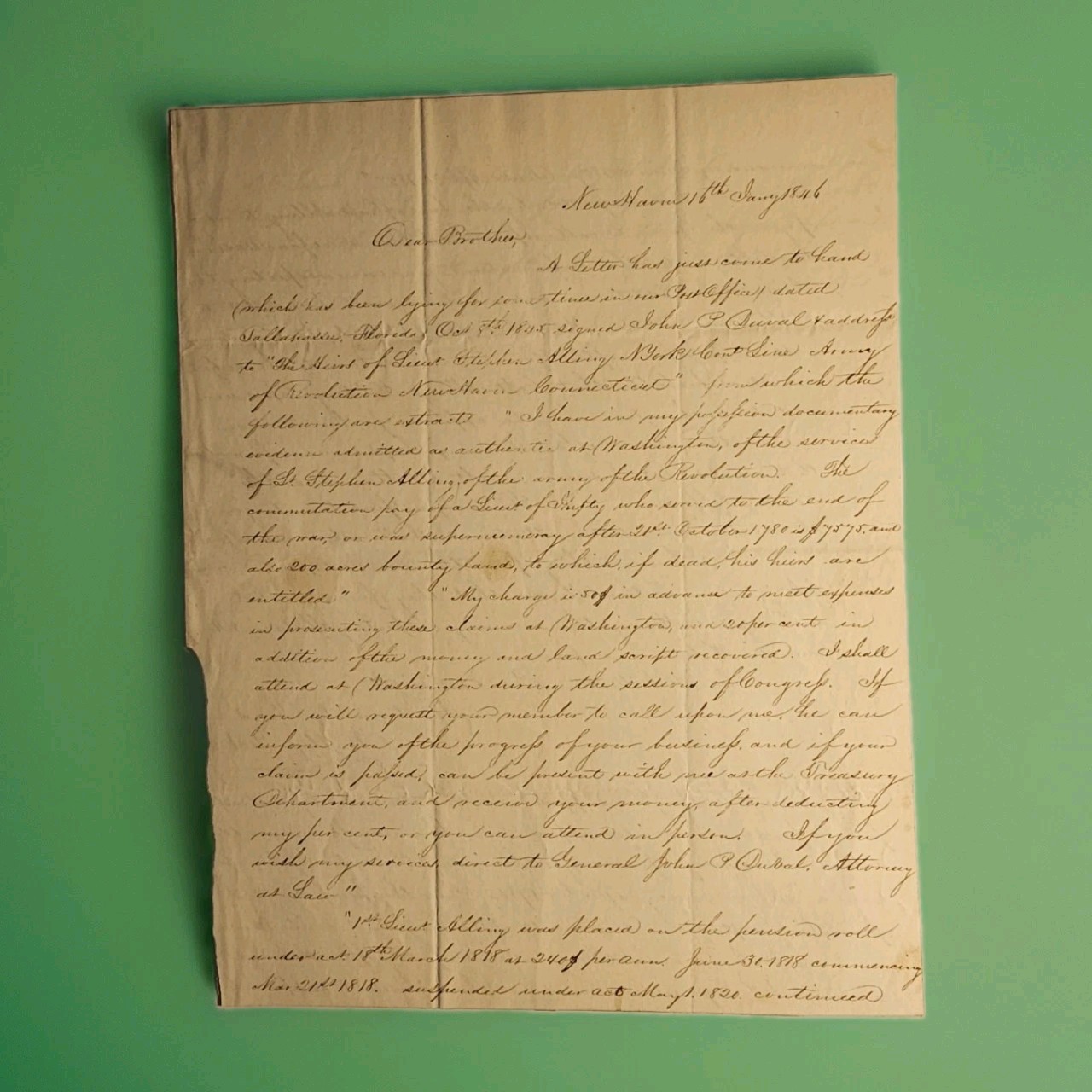 1846 Wyllys Peck ALS Revolutionary War Pension Claim Stephen Alling New Haven
