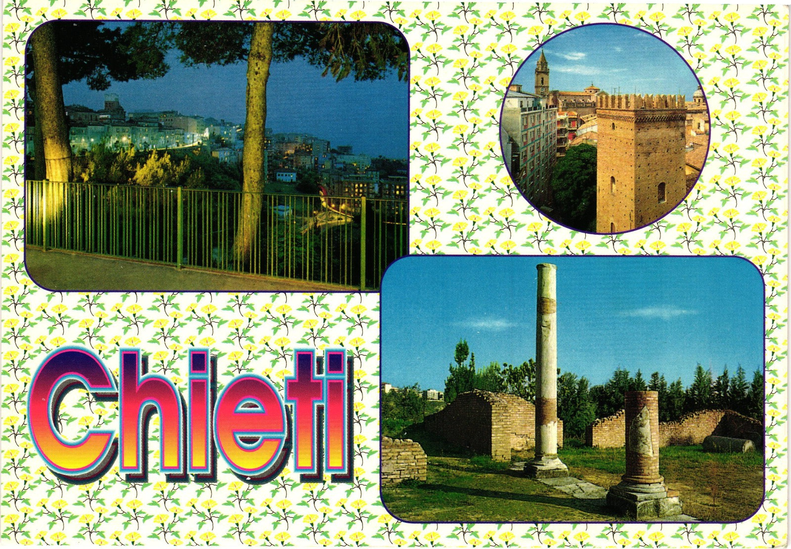 Chieti Italy Multiview City Views Roman Columns Night Scene Vintage Postcard