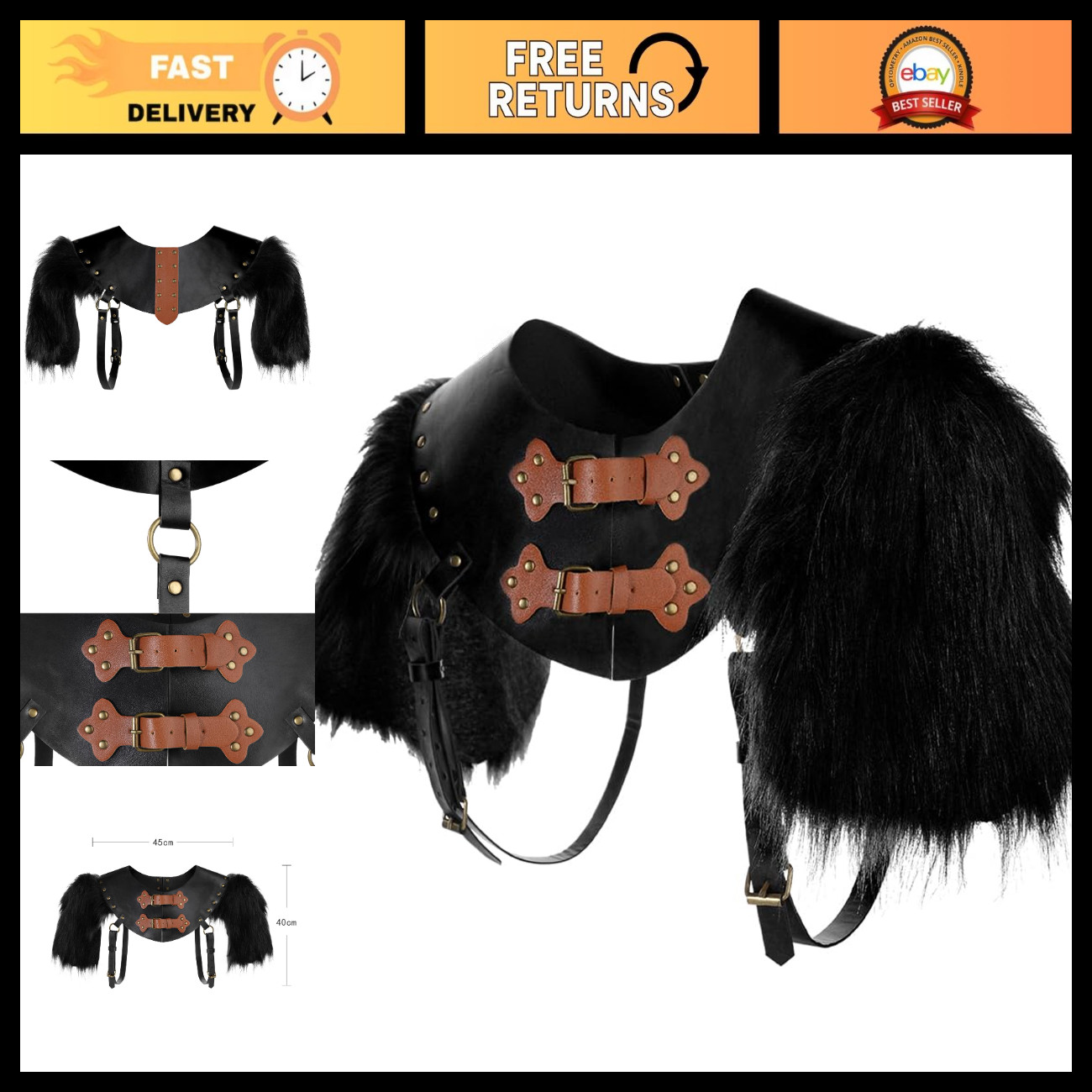 Medieval Double Pauldron Shoulder Armor - Viking Faux Leather & Fur Cosplay LARP Medieval Double Pauldron Shoulder Armor - Viking Faux Leather & Fur Cosplay LARP