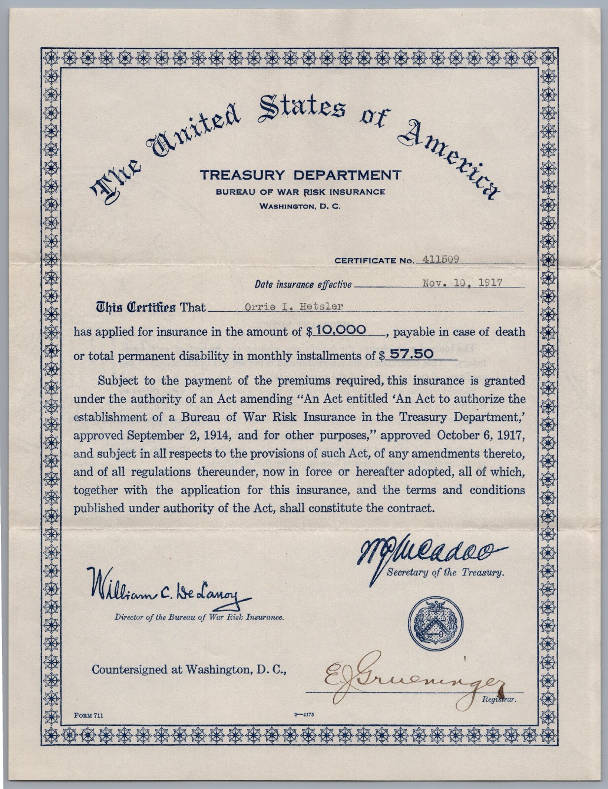 1917 Greenville, Ohio US Treasury Department War Risk Insurance Document & Envel
