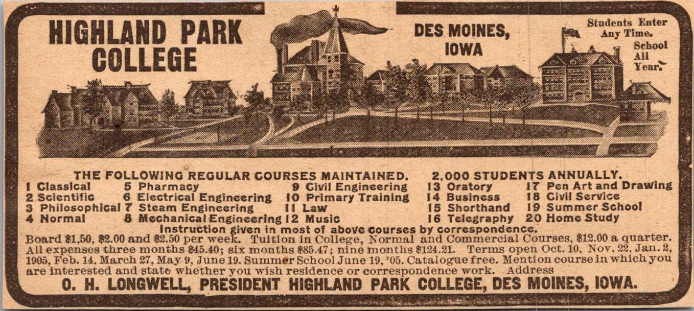 OH Longwell Highland Park College Des Moines IA 1906 Minneapolis Ad 5AL1-M2