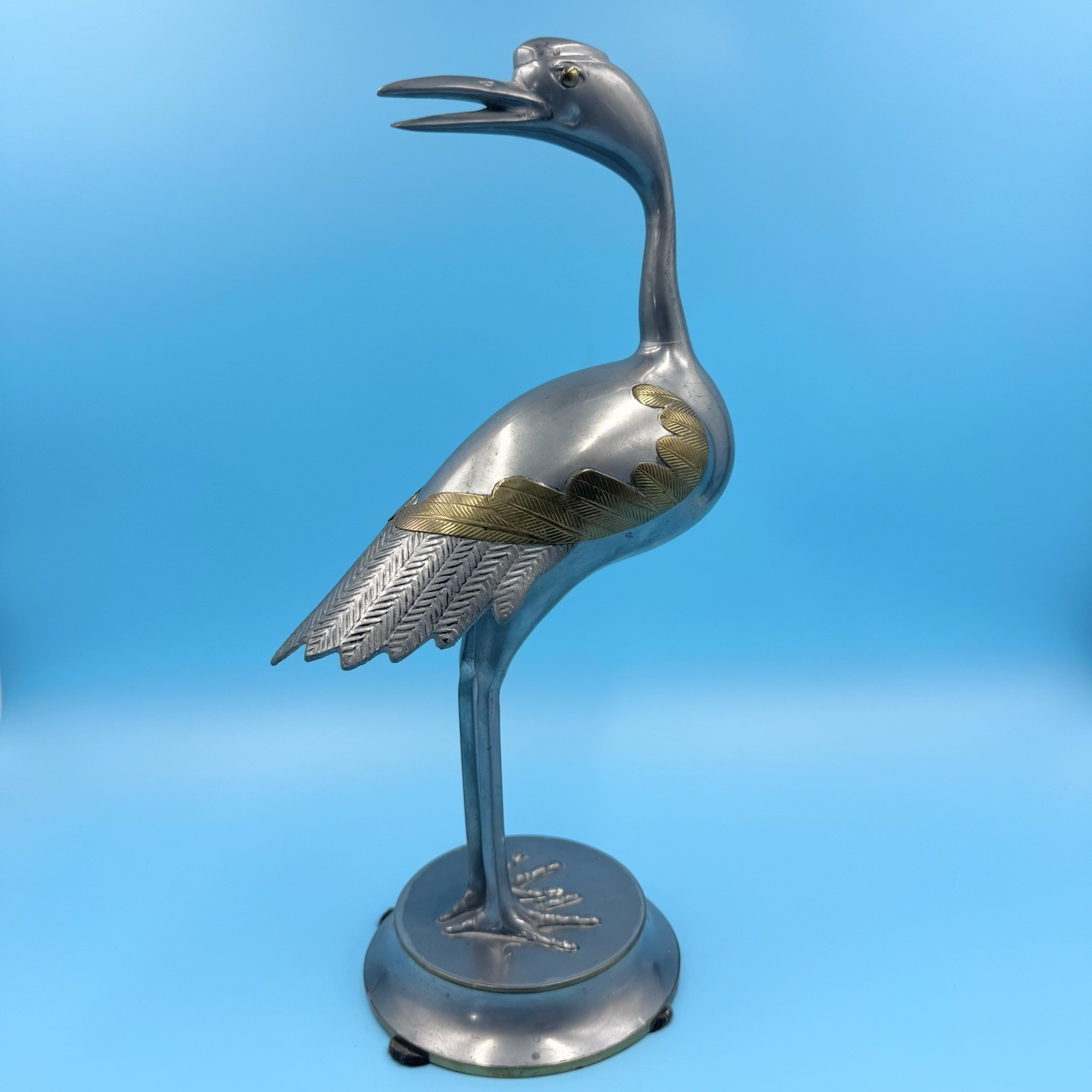 Vintage Silver Tone Crane Figurine w/Gold Leaf Inlay 14” Tall Rare Mid-century