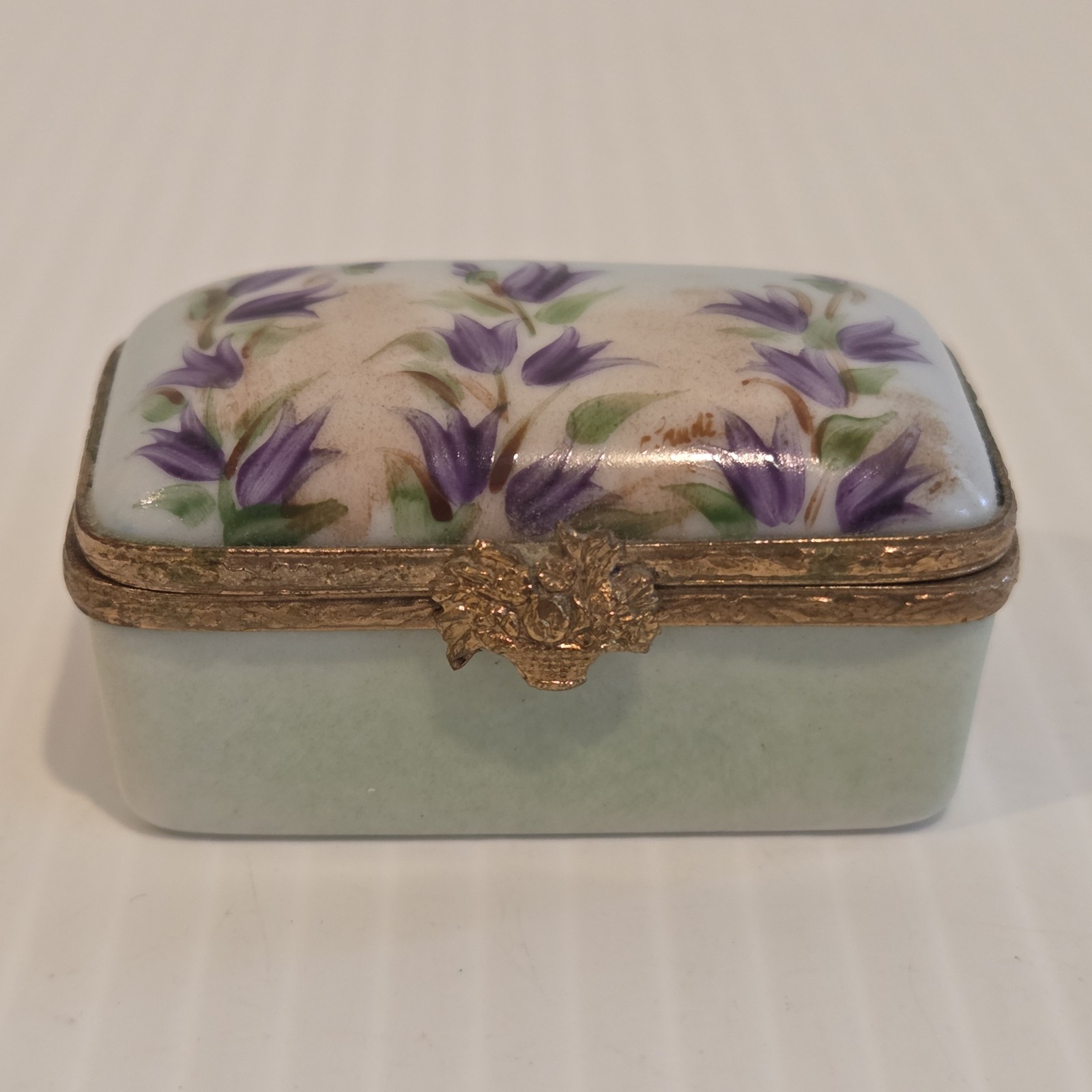 VTG Limoges France Hand Painted Trinket Pill Box Peint Main Royal Purple Tulips