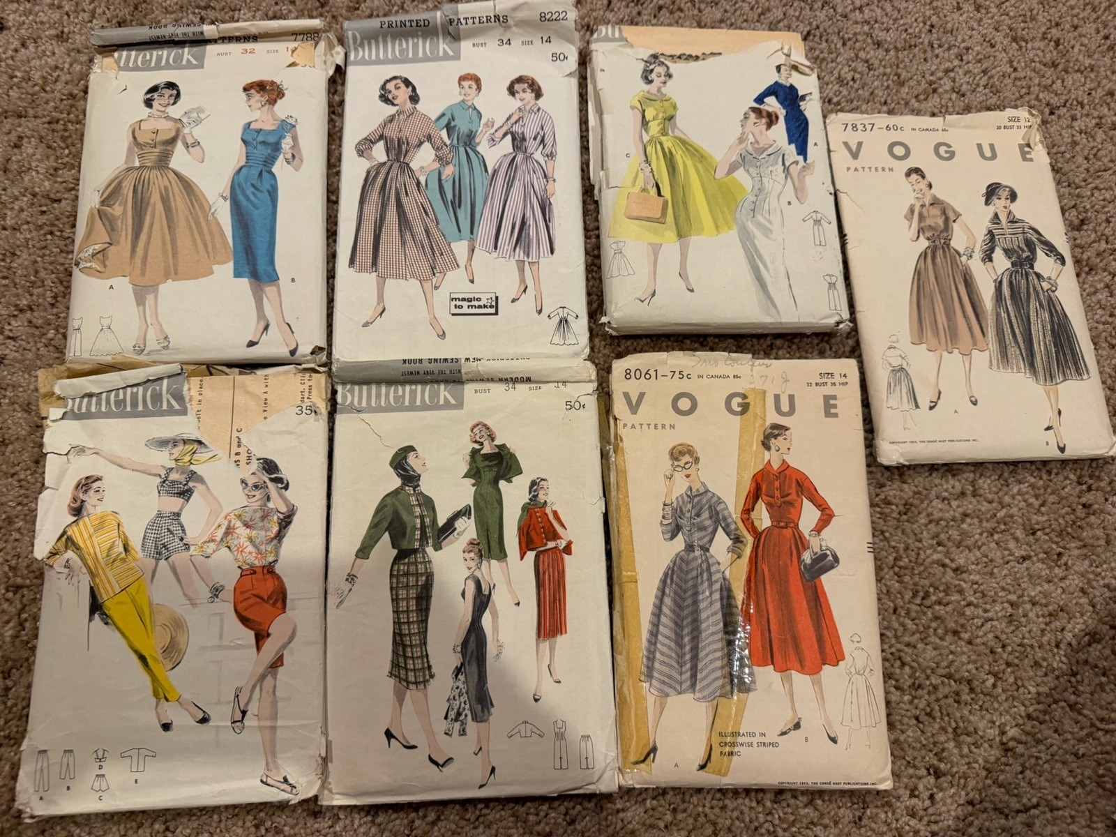 Lot 8 Vintage 1950s Vogue Butterick Sewing Patterns Dresses New Look 1953-54