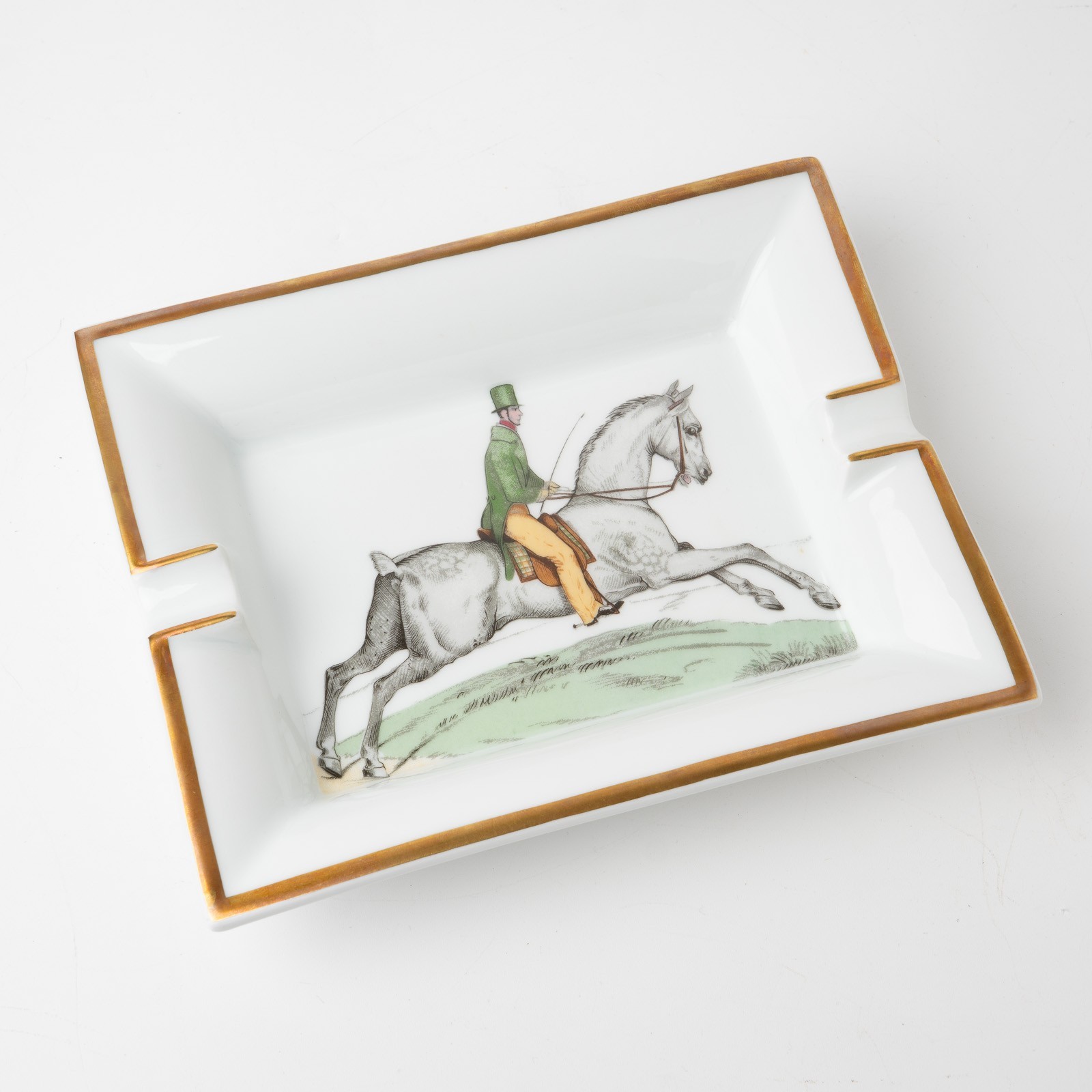 Hermes Vintage Porcelain Horse Rider Equestrian Ashtray Gold Trim Tray