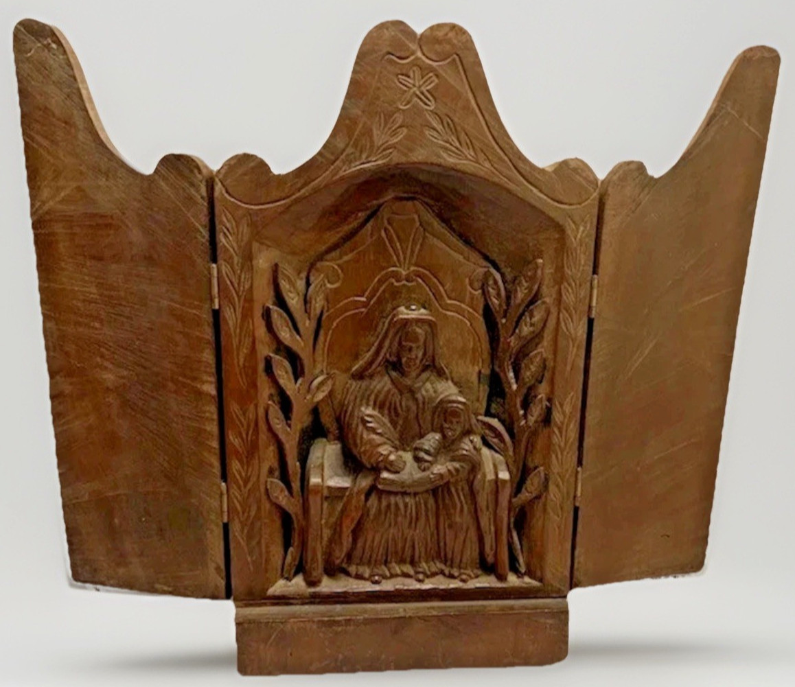 Antique Hand Carved Wood Triptych Shrine St Anne Mary Alter Folk Art Church VTG