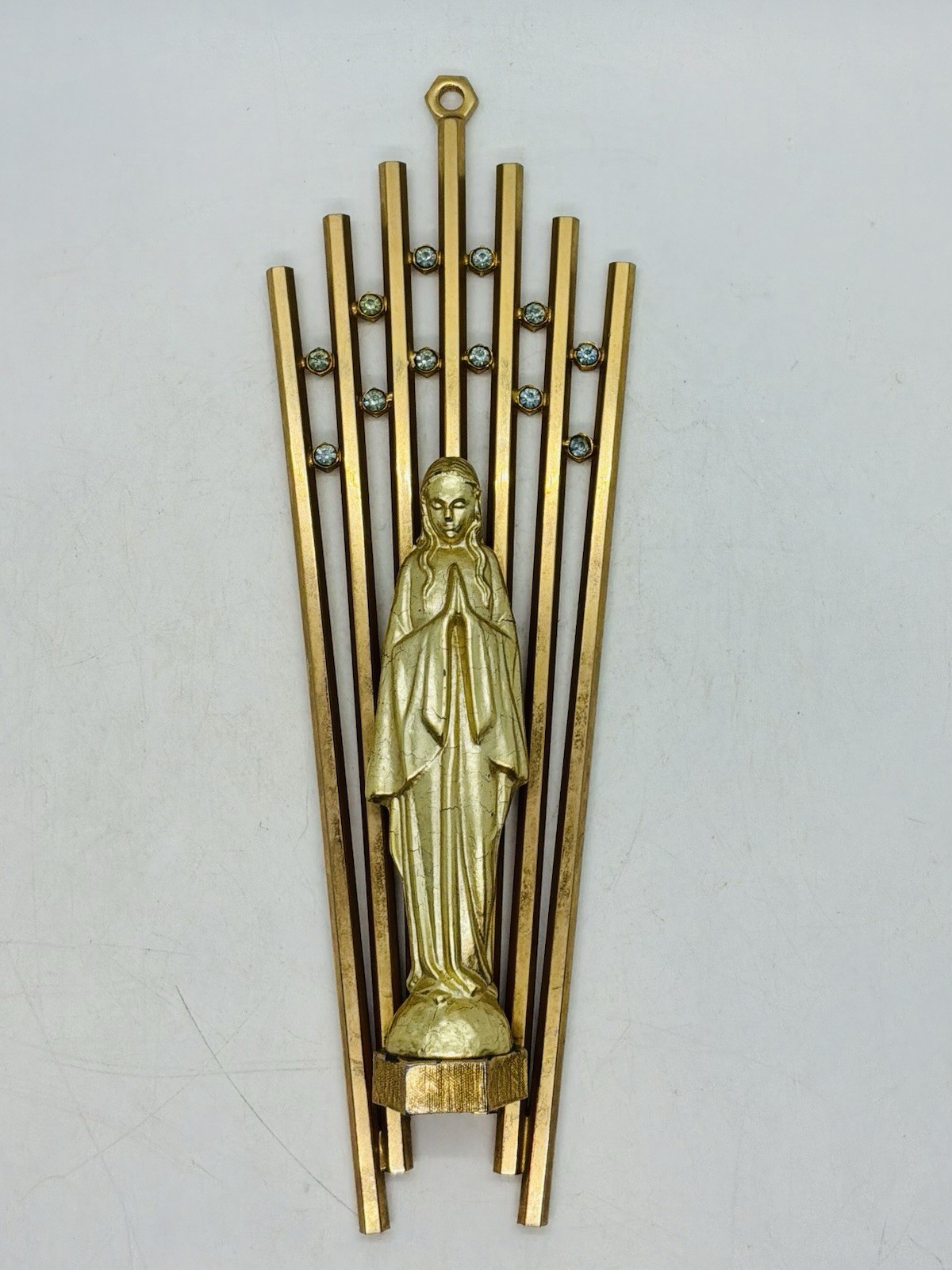 Brass Madonna Wall Plaque Shrine Sunburst Rhinestone Vintage Mid-Century Modern