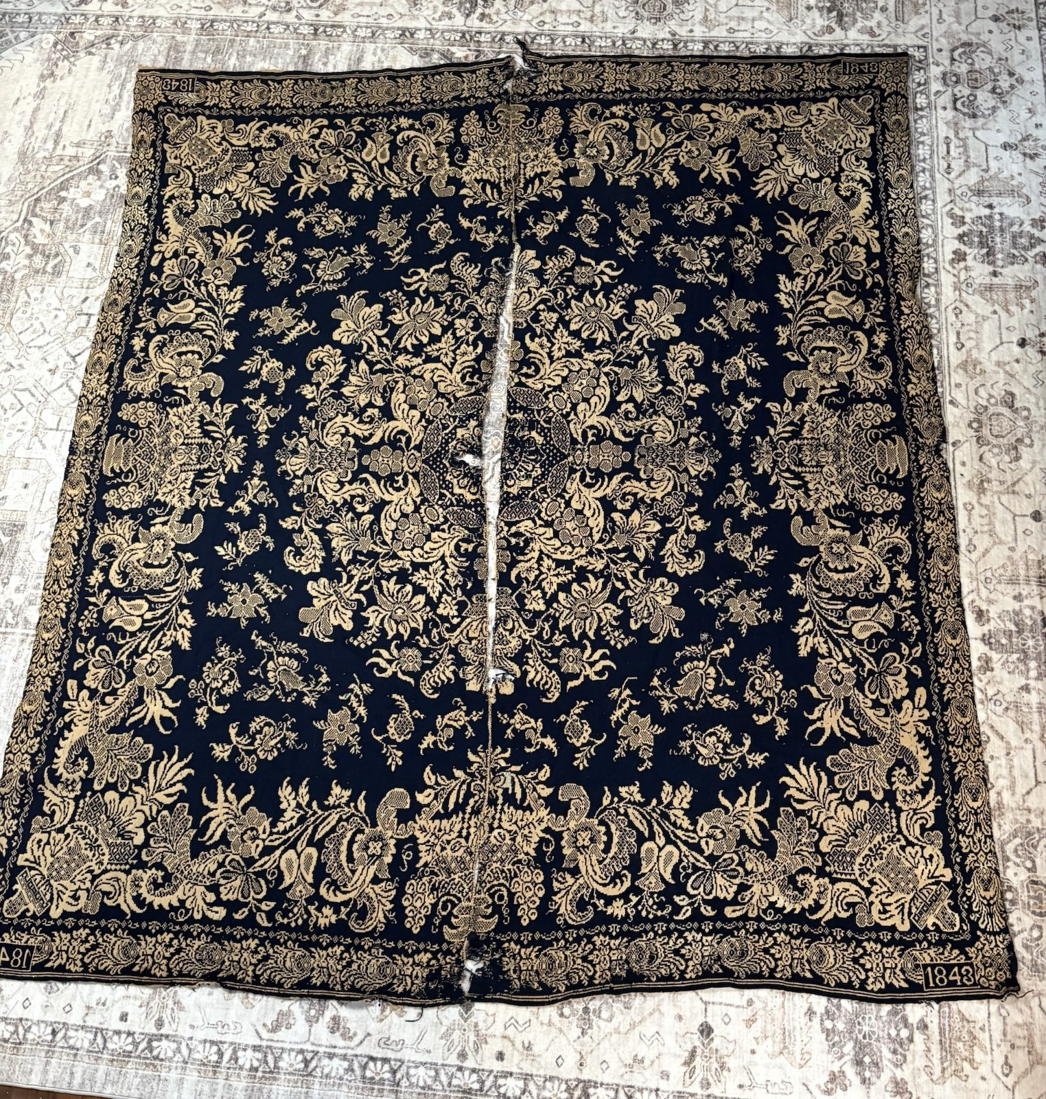 Antique 1843 Jacquard Coverlet Orleans County NY Dated Indigo Two Panel 78x90”