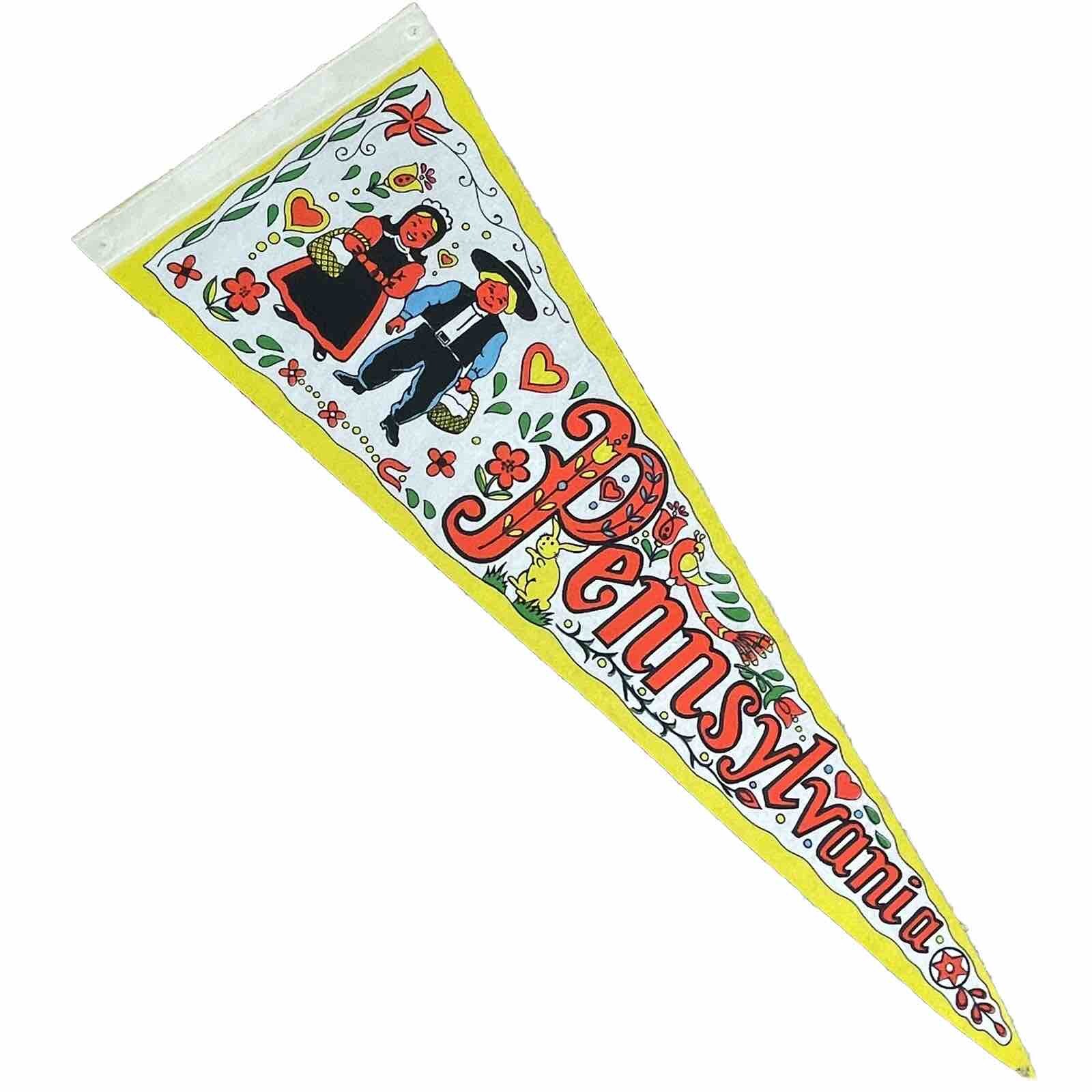 1960s Pennsylvania Dutch Country Pennant Felt Flag Amish Vtg Souvenir 24” Yellow