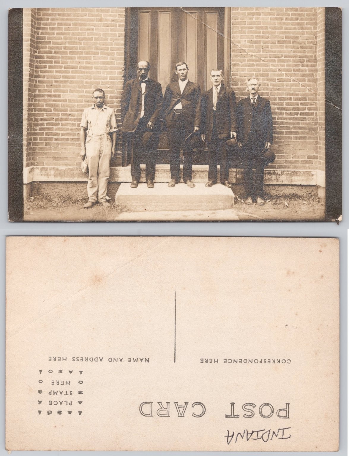 RPPC Indiana Men Group Portrait Brick Building Suits Overalls Early 1900s
