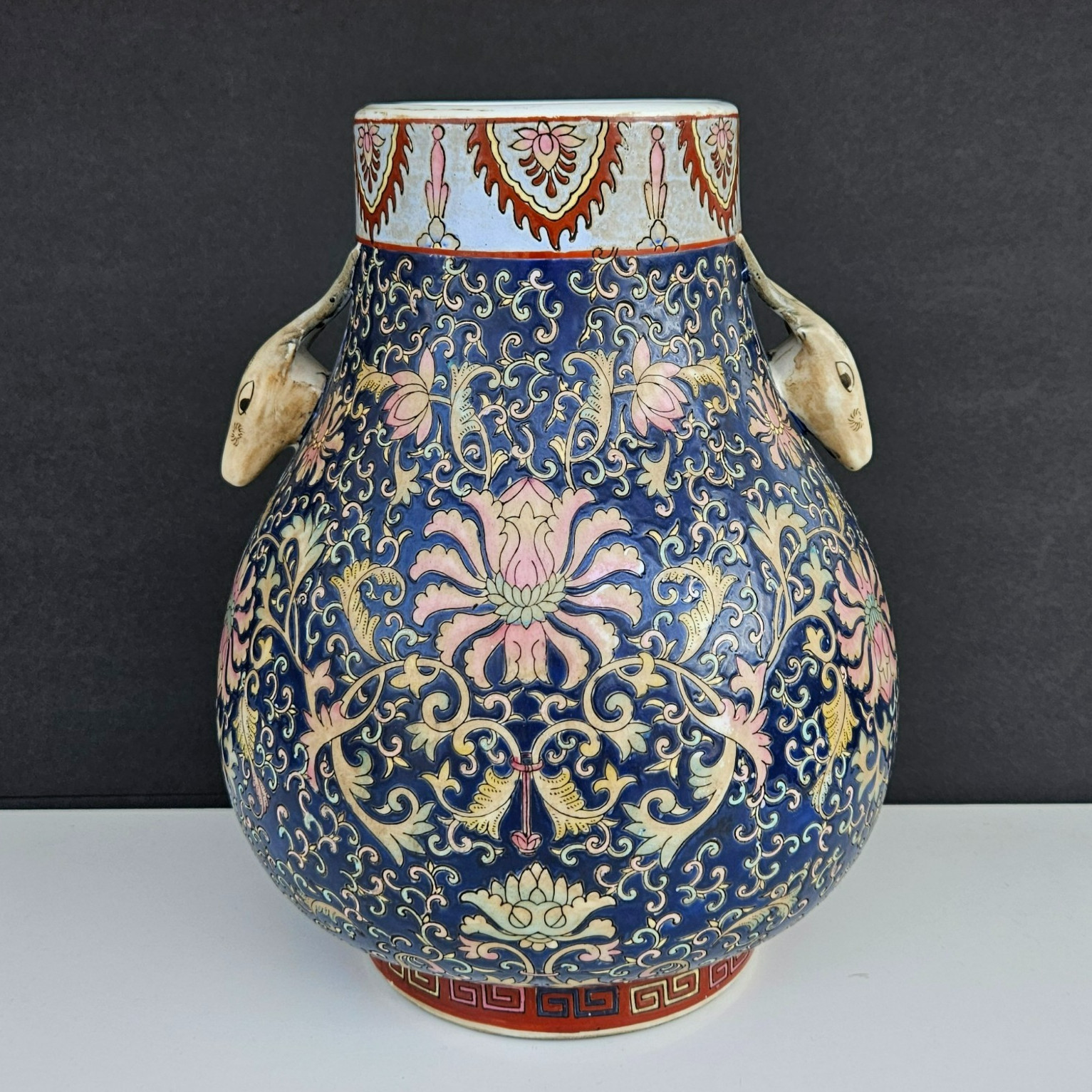 Vintage Chinese Polychrome Porcelain Vase Blue Floral Dragon Head Handles 111