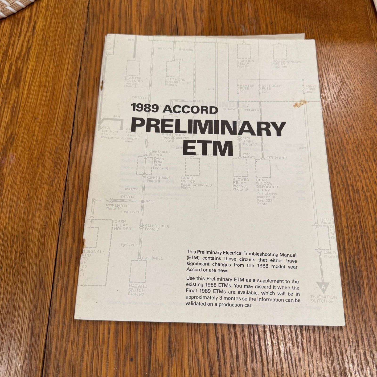 1989 Honda Accord Preliminary ETM Electrical Troubleshooting Manual Supplement
