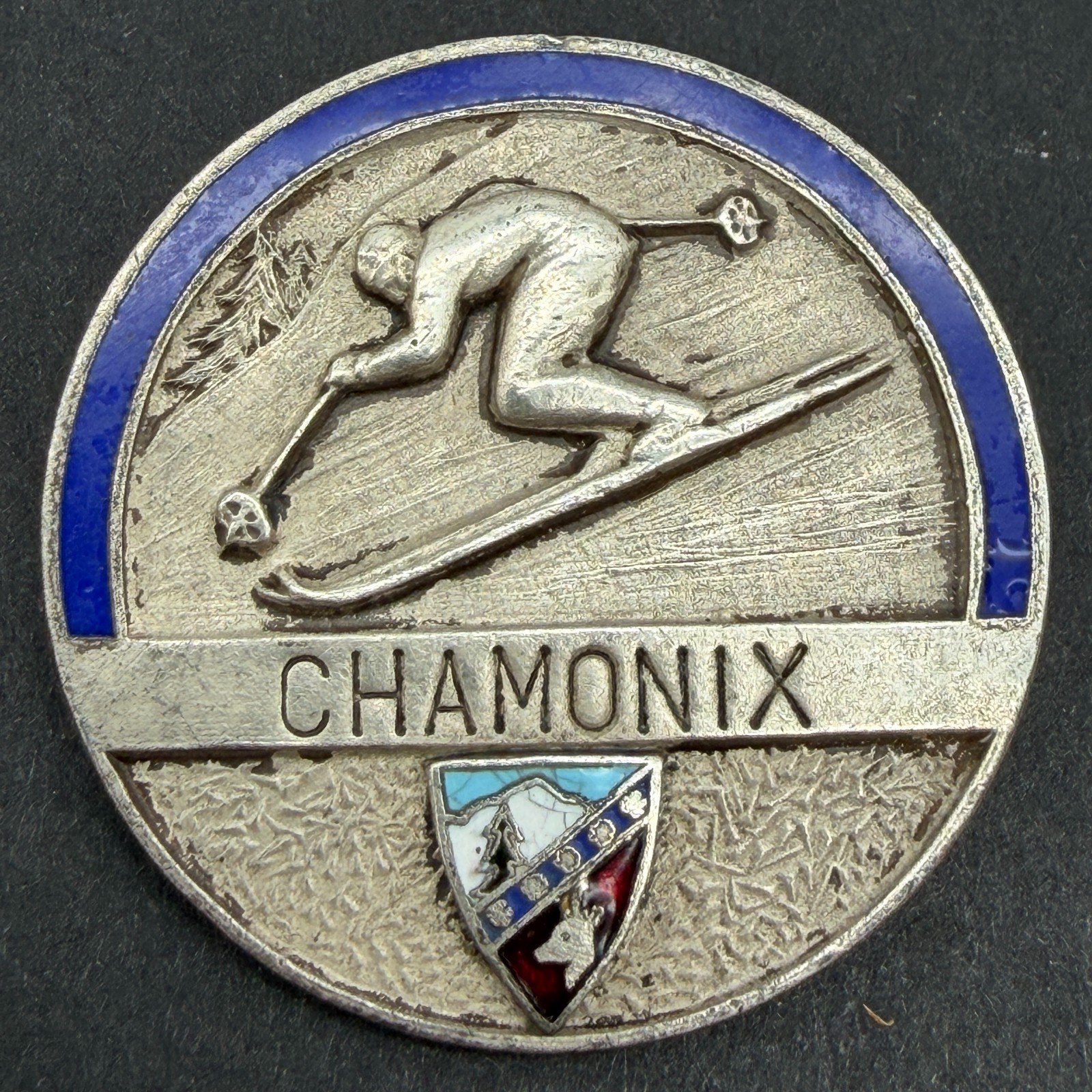 Vintage Chamonix Ski Resort Pin 1950s Downhill Skier Enamel Crest Alps Badge 1.5