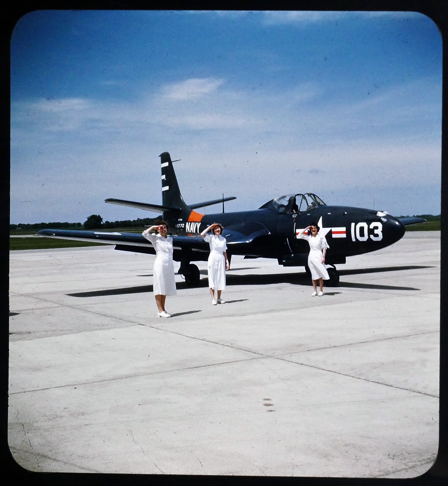 3 women saluting McDonnell FH-1 Phantom - 1950 Stereo Realist 3D slide #3473